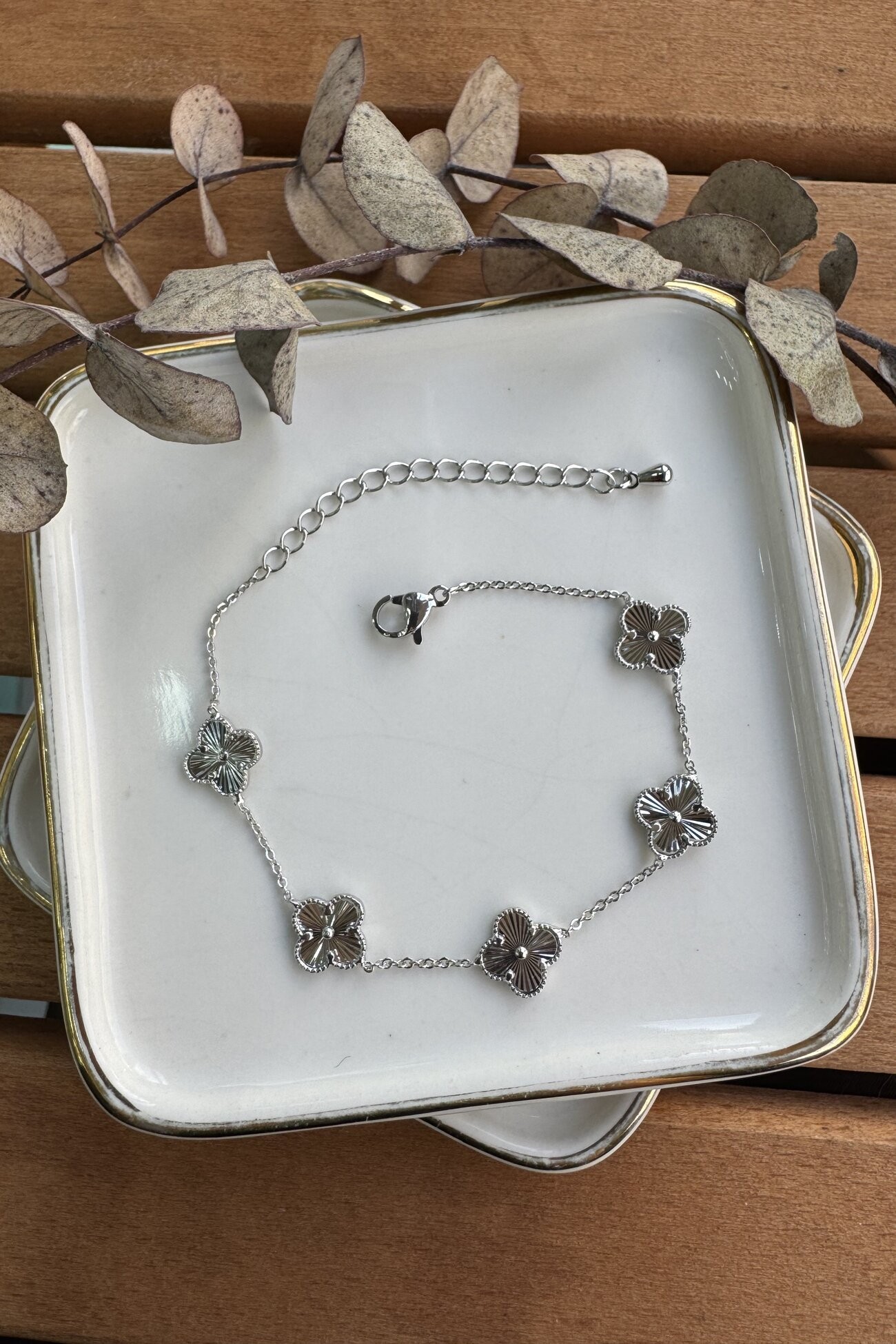 14K Altın Kaplama Pırıltılı Yonca Bileklik Silver 16+5cm