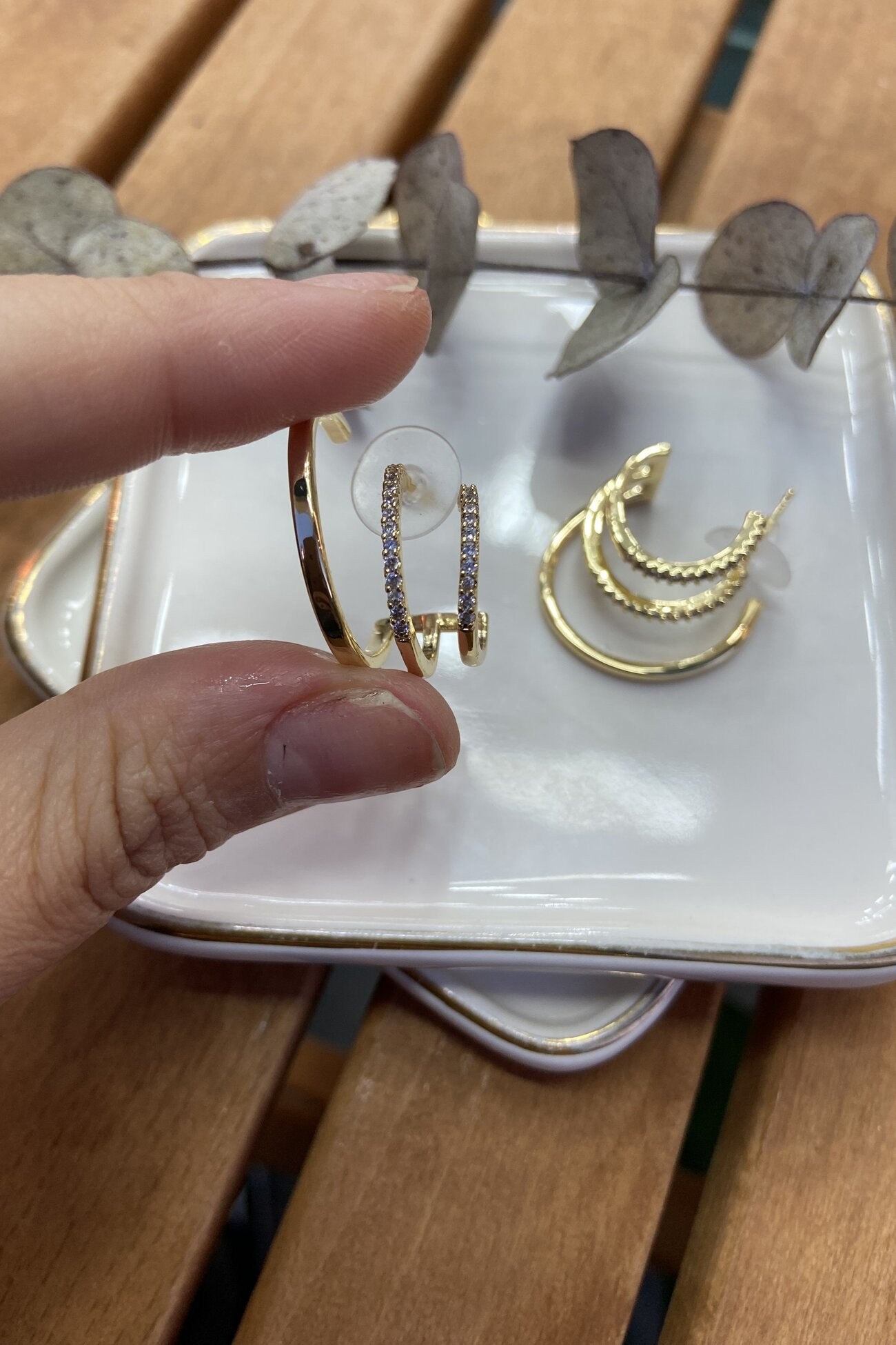 14K Altın Kaplama Taşlı Üçlü Görünümlü Küpe Gold