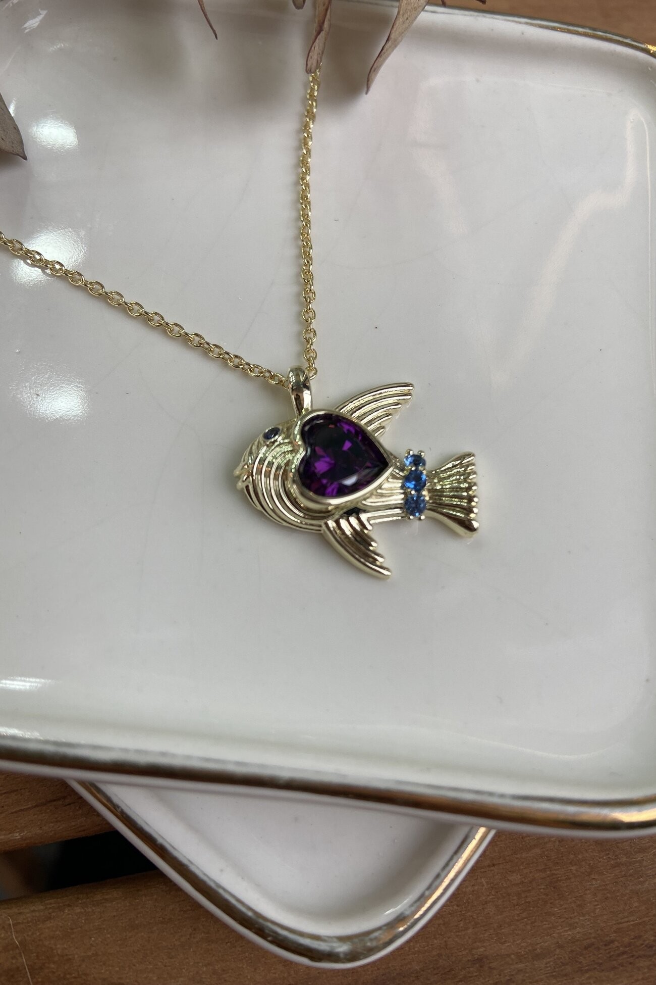 14K Altın Kaplama Mor Taşlı Balık Kolye 50cm