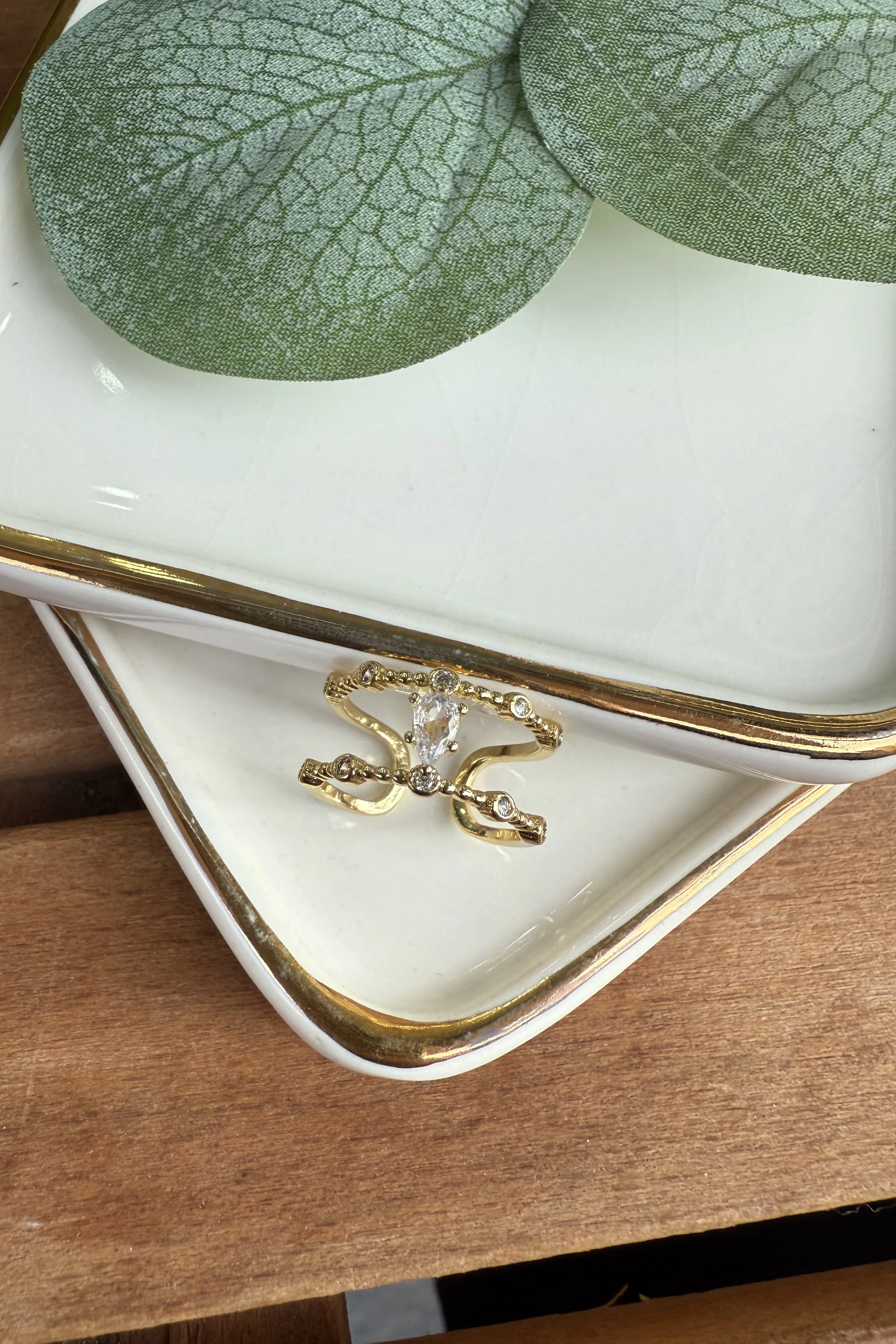 14K Altın Kaplama Ortası Taşlı Çift Sıra Serçe Parmak Yüzüğü Gold