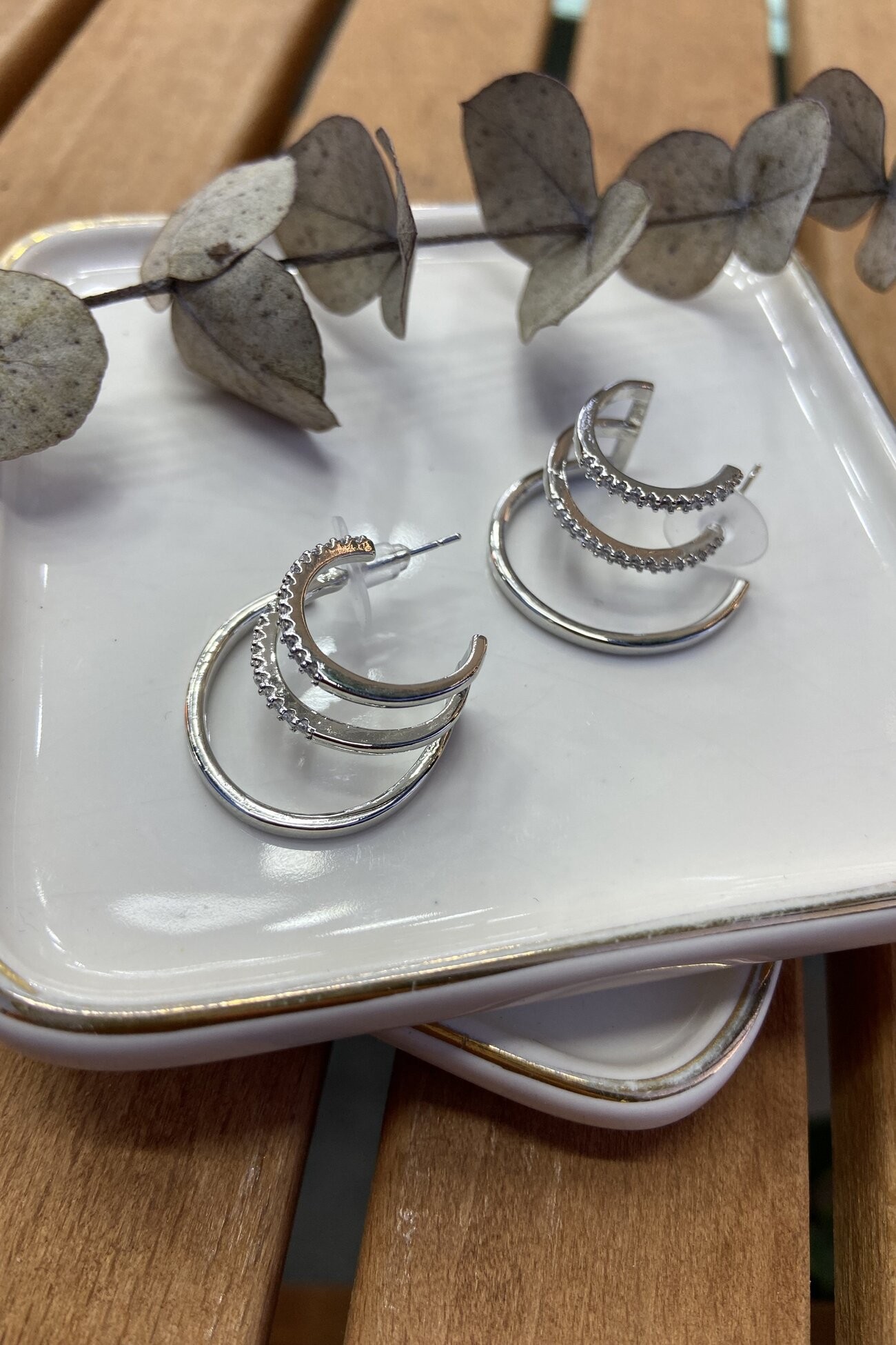 14K Altın Kaplama Taşlı Üçlü Görünümlü Küpe Silver