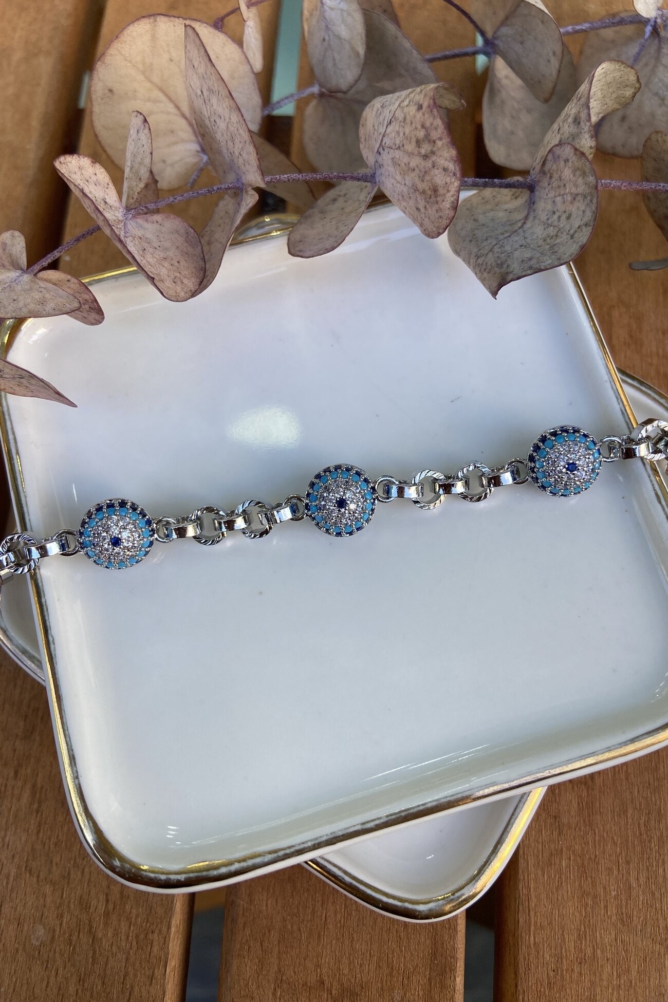 14K Altın Kaplama Üçlü Nazarlı Bileklik Silver 16+5cm