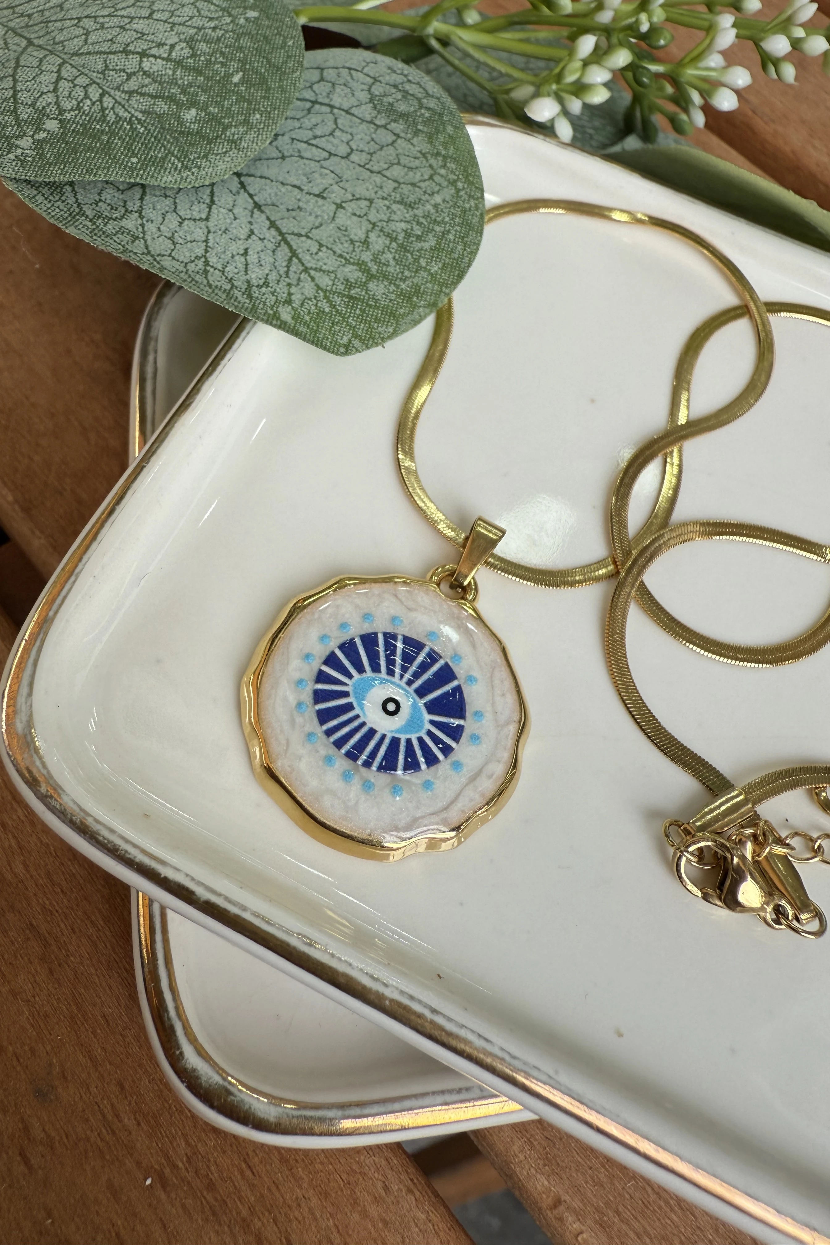 Çelik Yuvarlak Sedef Üzeri Nazar Kolye 50cm