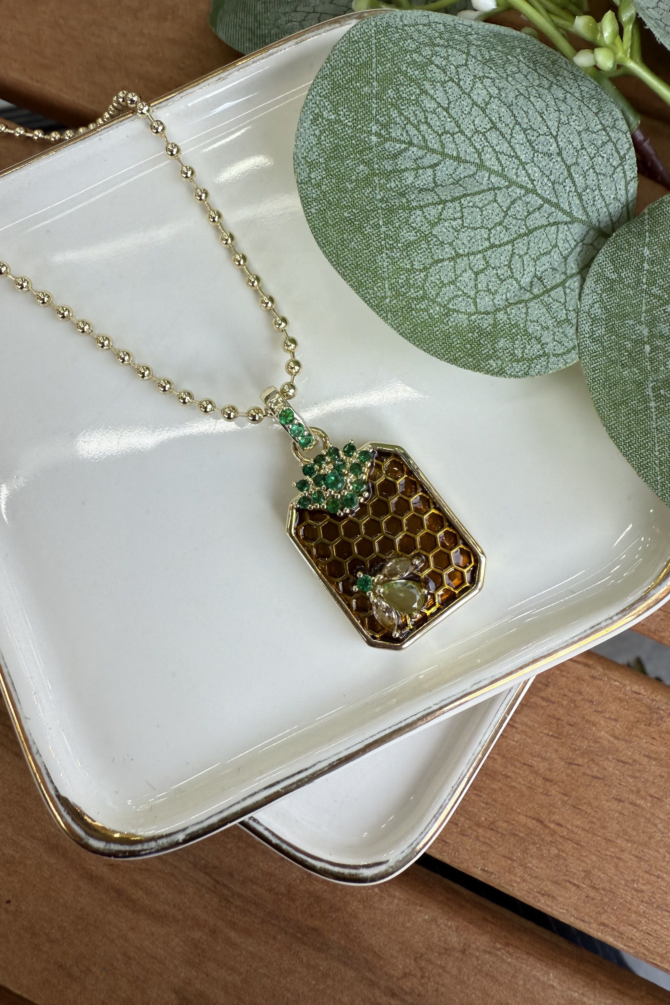 14K Altın Kaplama Yeşil Mineli Bal Peteği Kolye 55cm