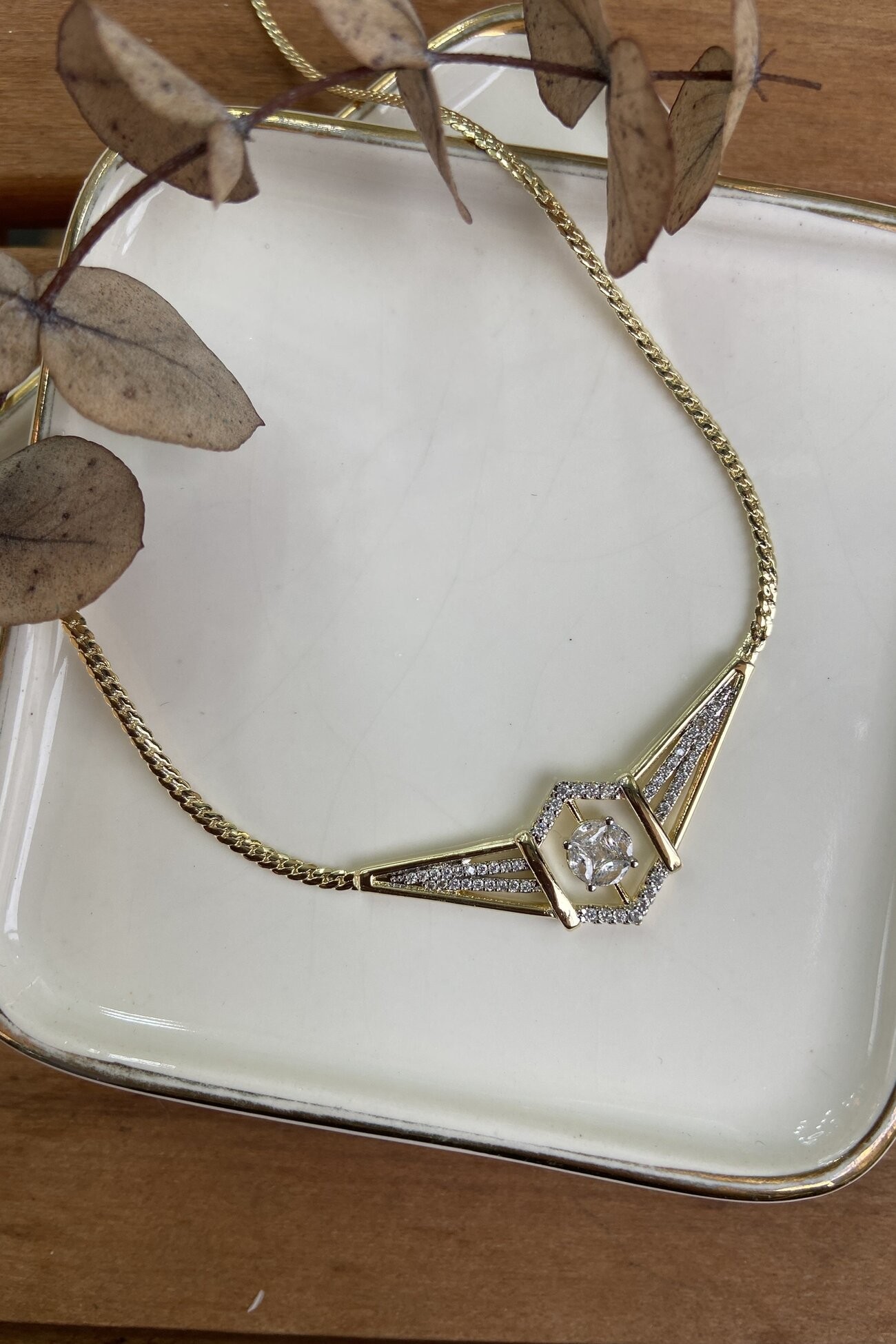 14K Altın Kaplama Geometrik Kesim Şık Kolye 48cm
