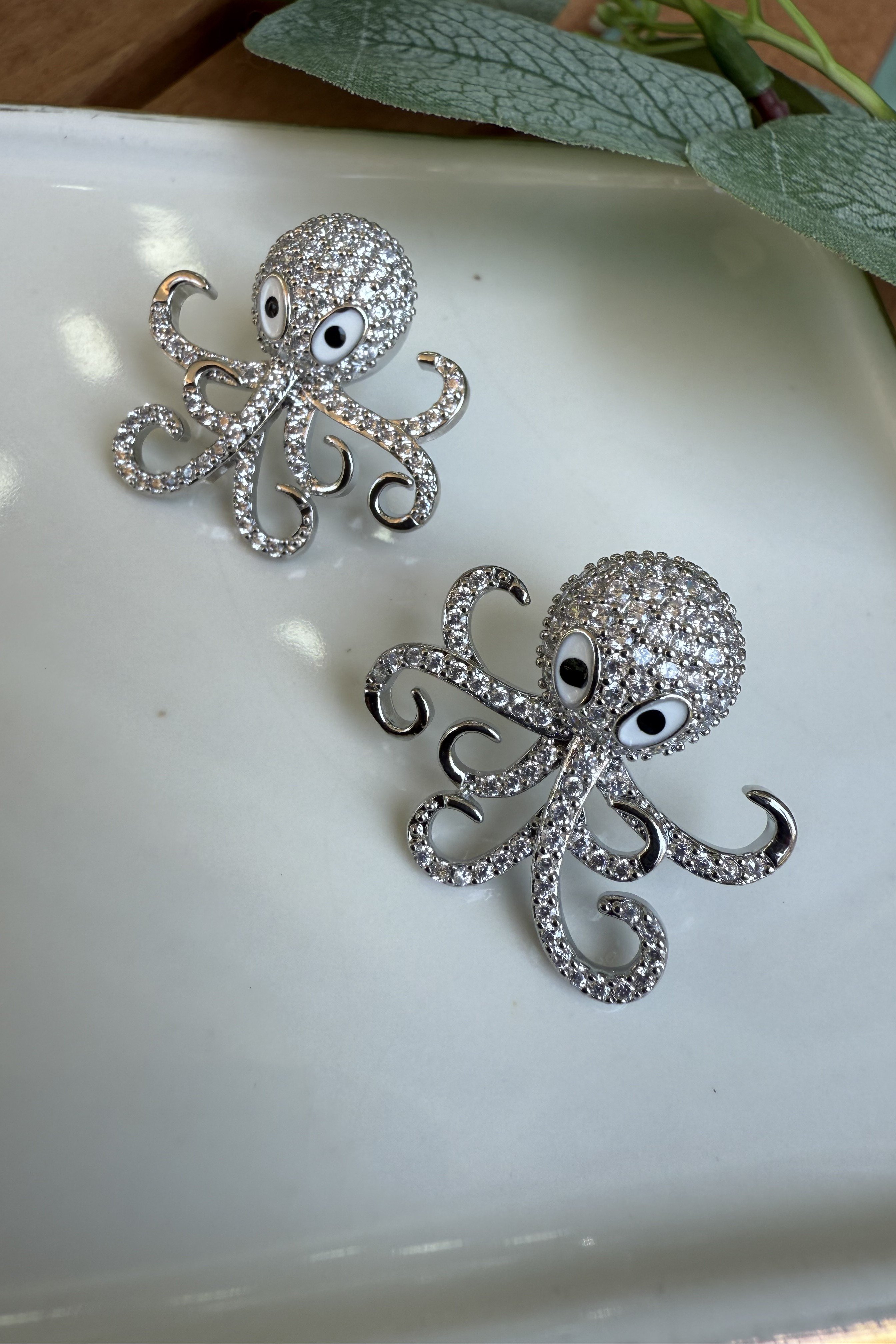 14K Altın Kaplama Taşlı Ahtapot Küpe Silver