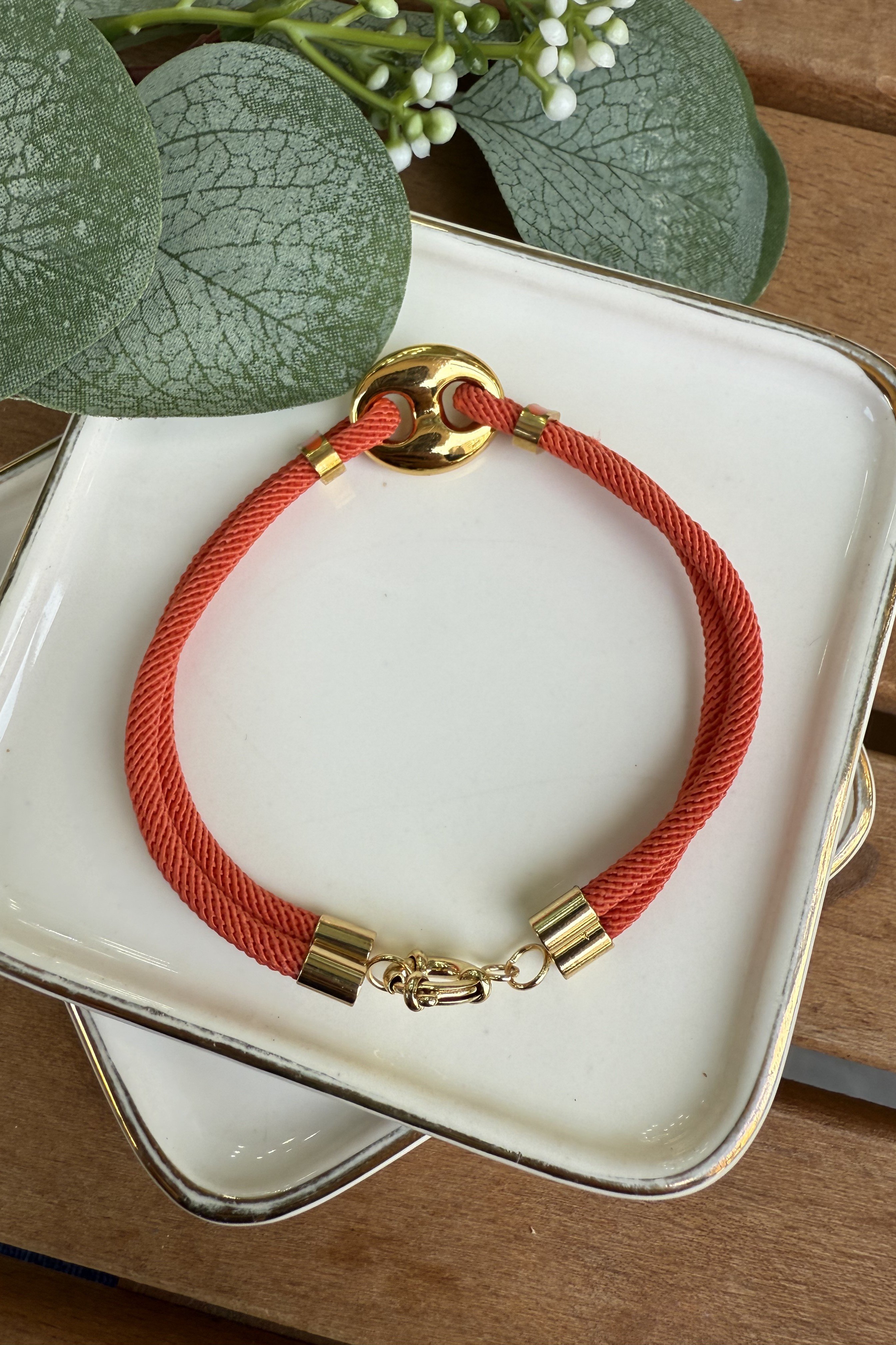 14K Altın Kaplama Ortası Düğme Turuncu Kalın İp Bileklik 19cm