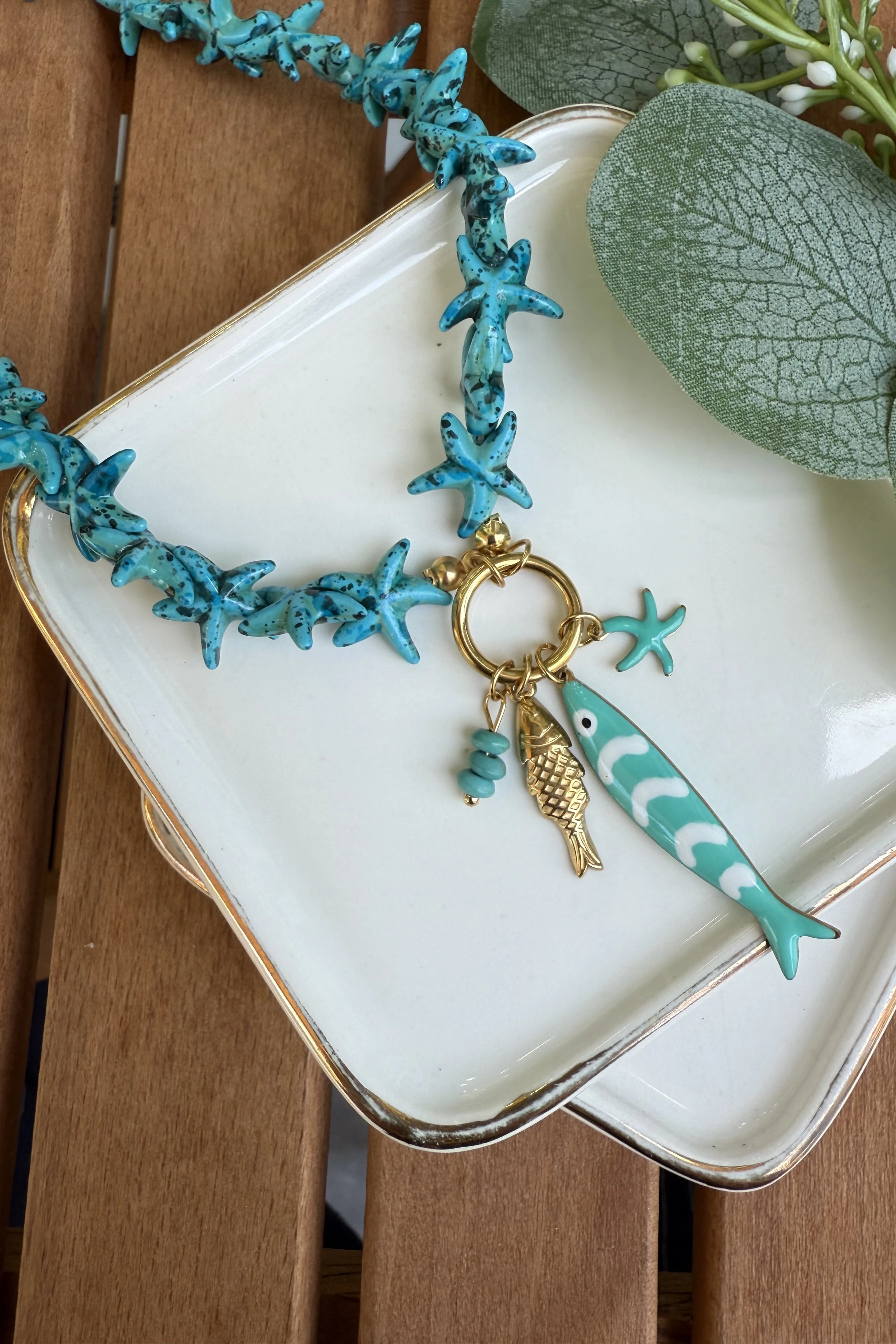 Çelik Turkuaz Deniz Yıldızı Boncuklu Balık Charmlı Kolye 61cm