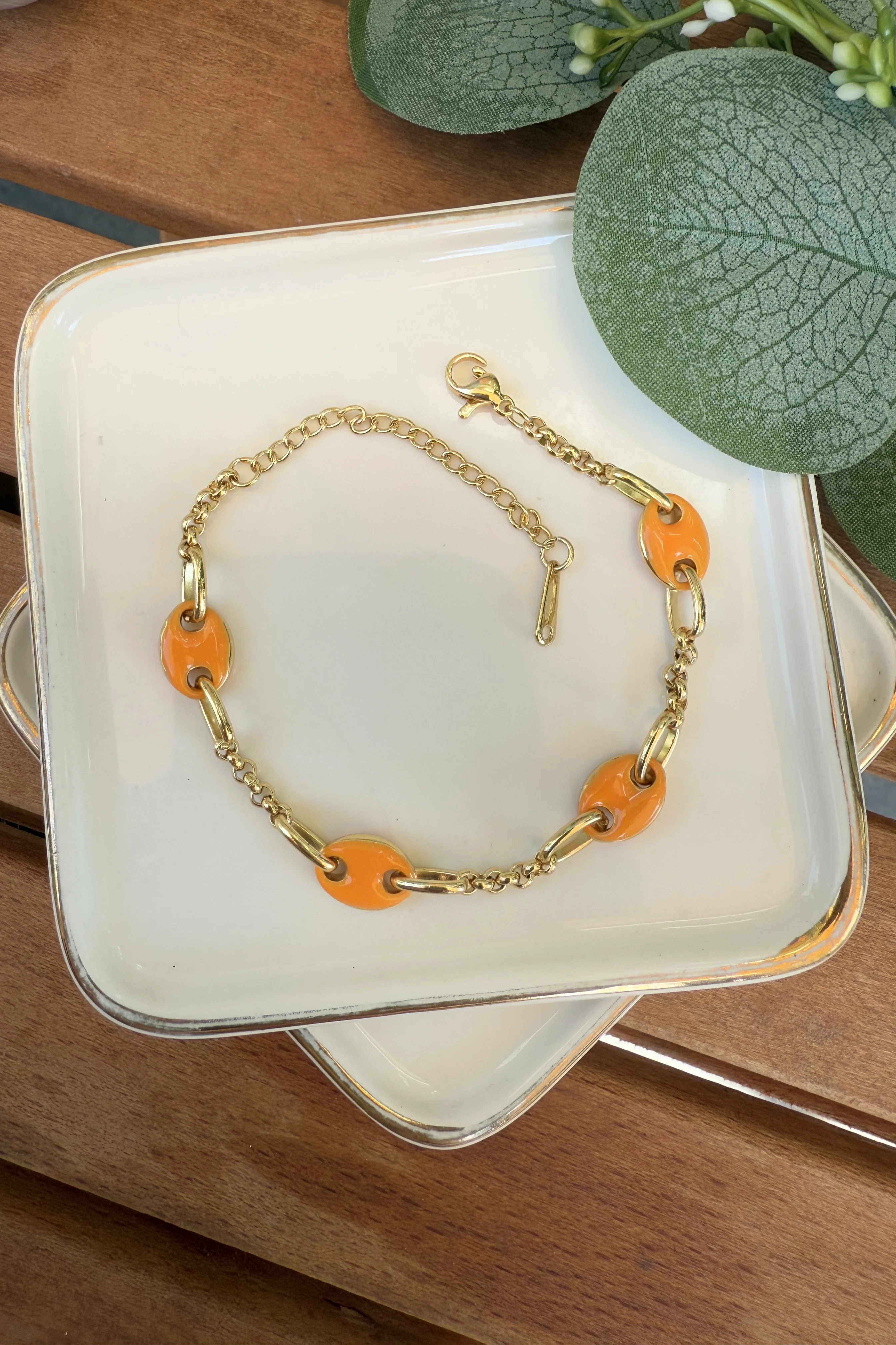 Çelik Turuncu Mineli Düğme Bileklik 17+5cm