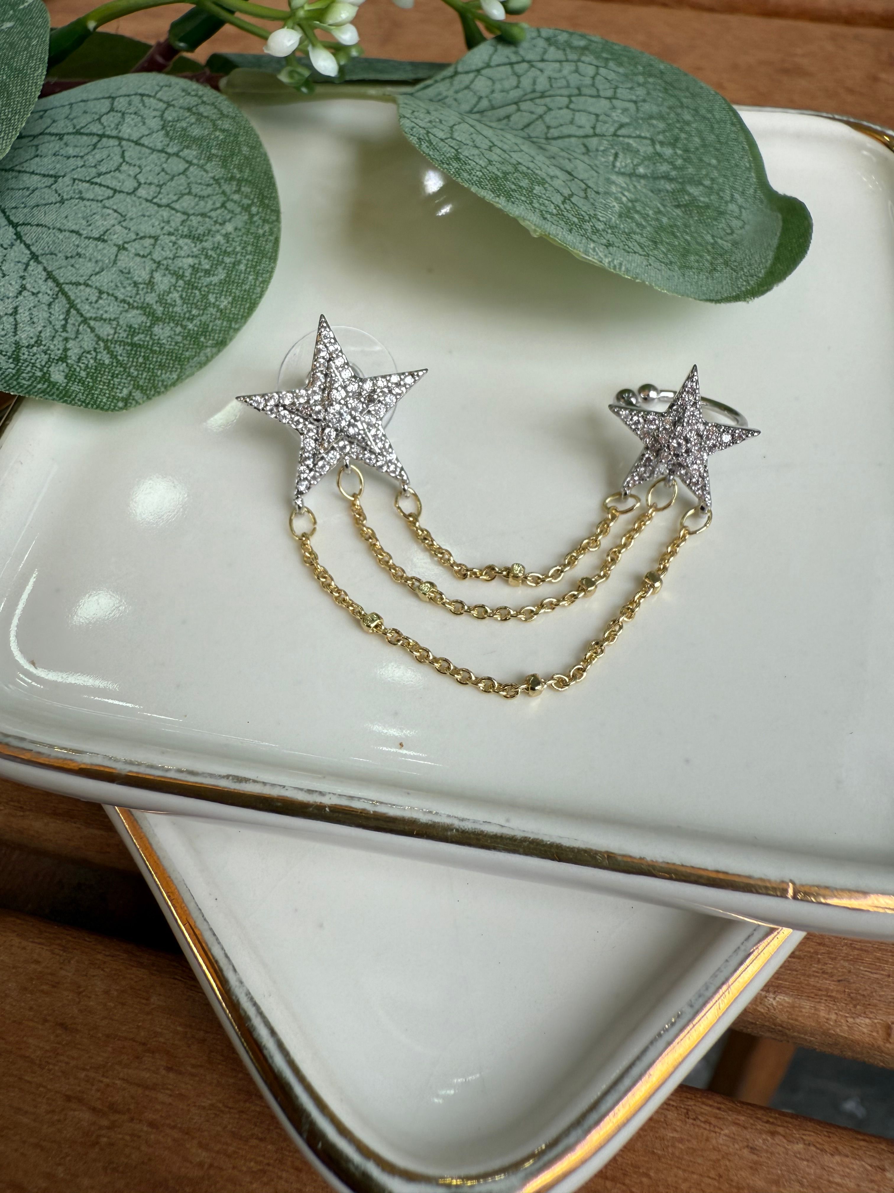 14K Altın Kaplama EarCufflı Yıldız Küpe