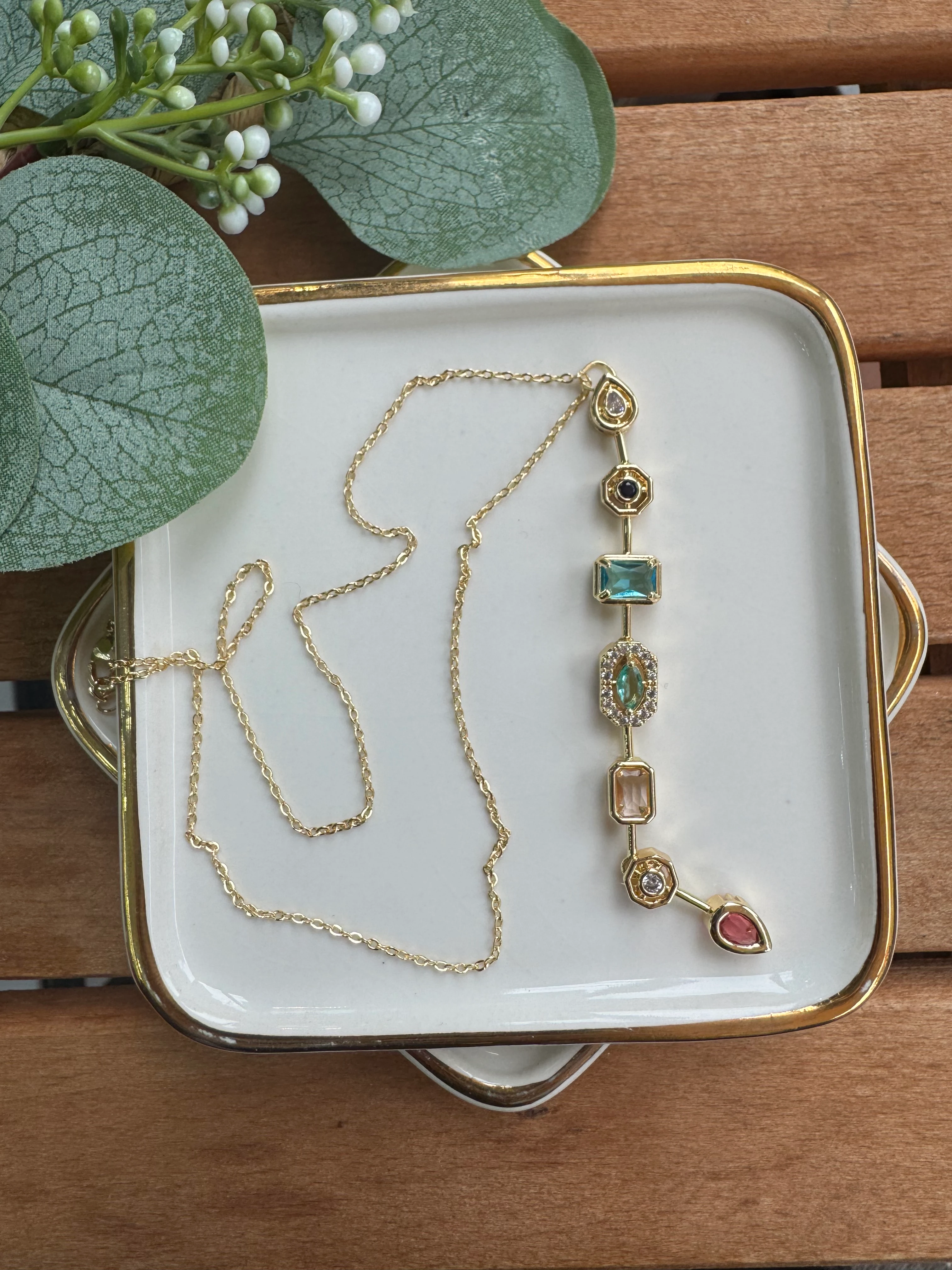 14K Altın Kaplama Renkli Taşlı Y Kolye 44+5cm