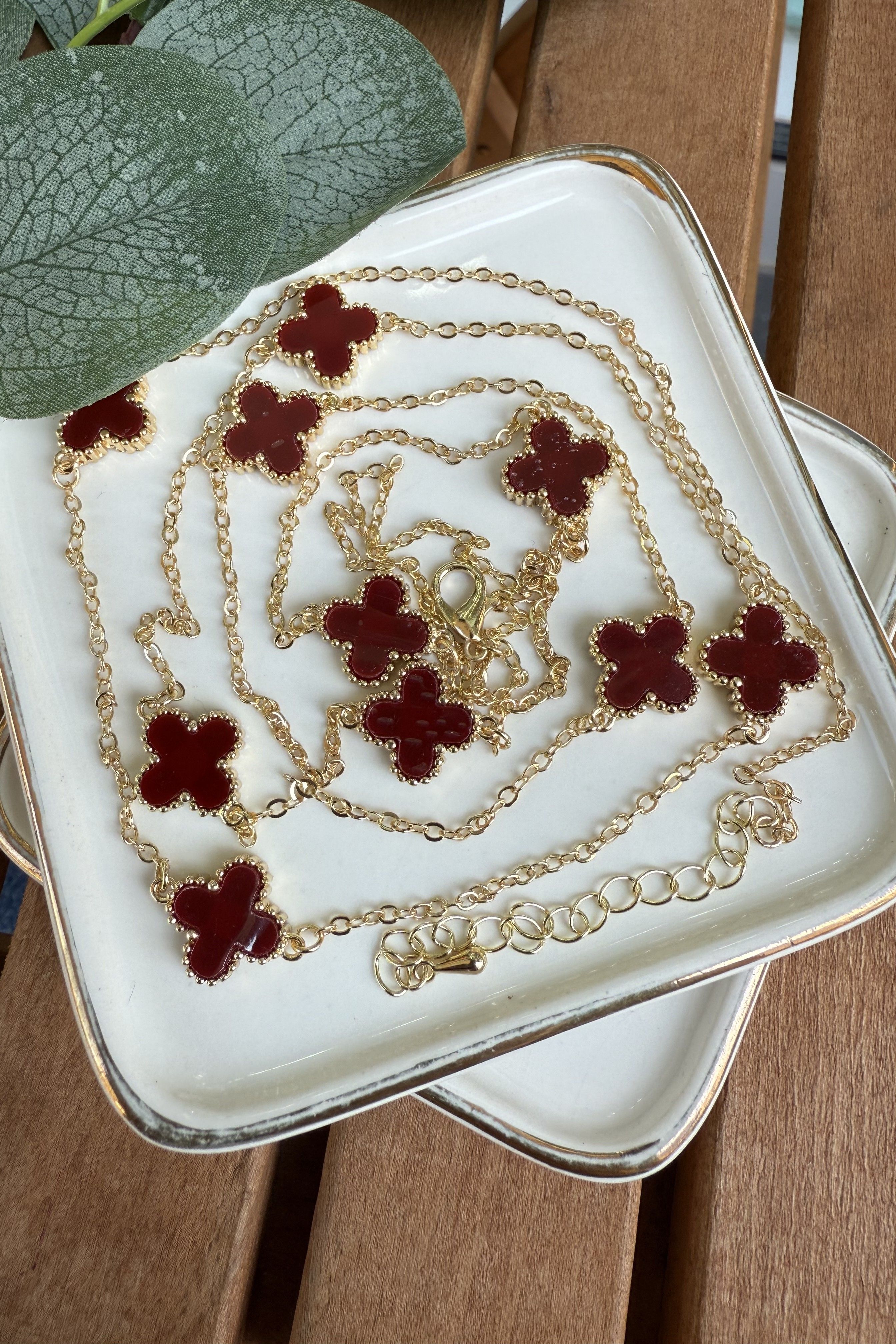 14K Altın Kaplama Bordo Mineli 10'lu Yonca Kolye 100cm