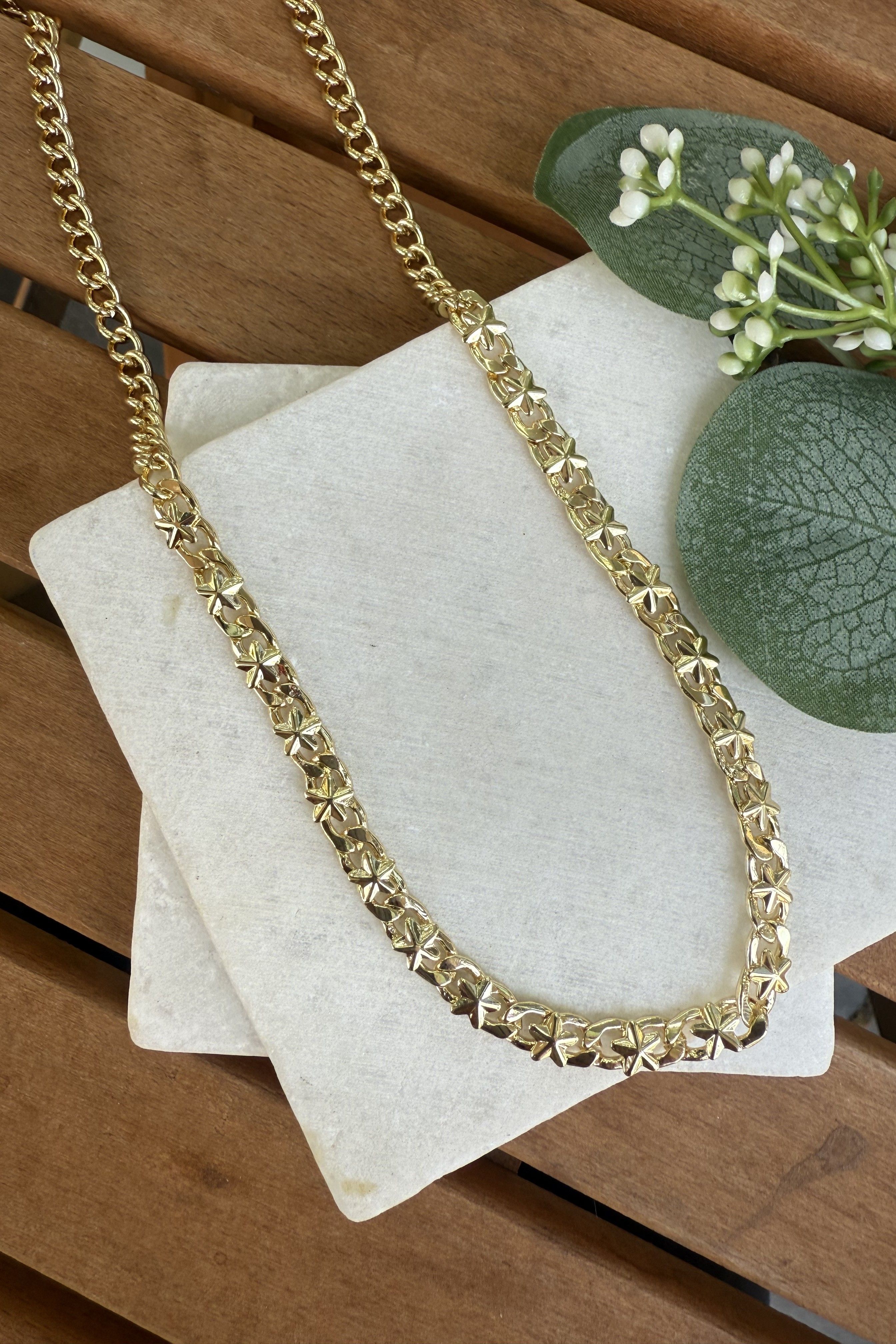 14K Altın Kaplama Üstü Yıldızlı Zincir Kolye 55cm