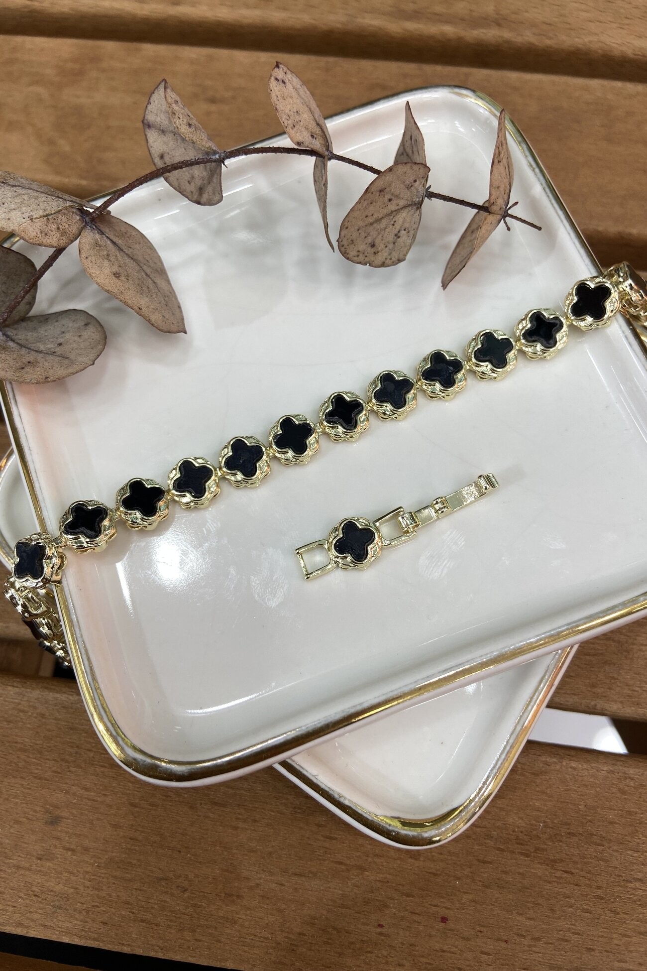 14K Altın Kaplama Sedefli Siyah Yonca Bileklik 17+2cm