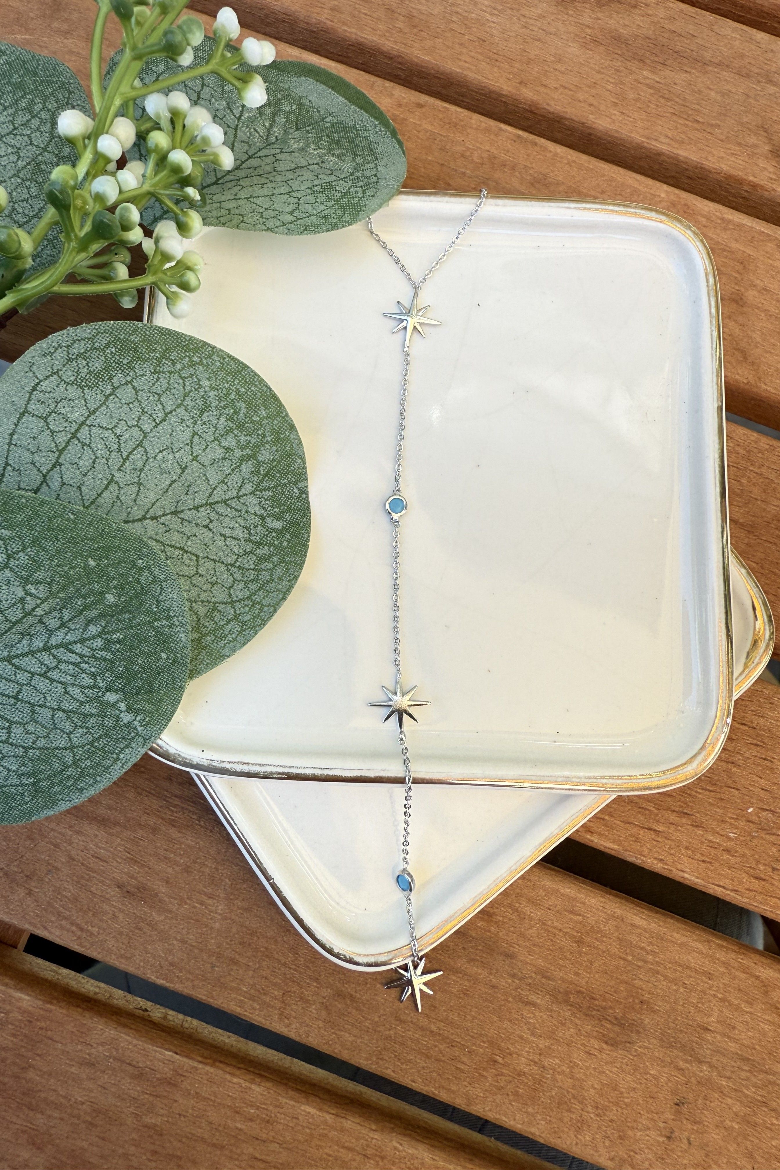 14K Altın Kaplama Yıldız Sallantılı Y Kolye Silver 45cm