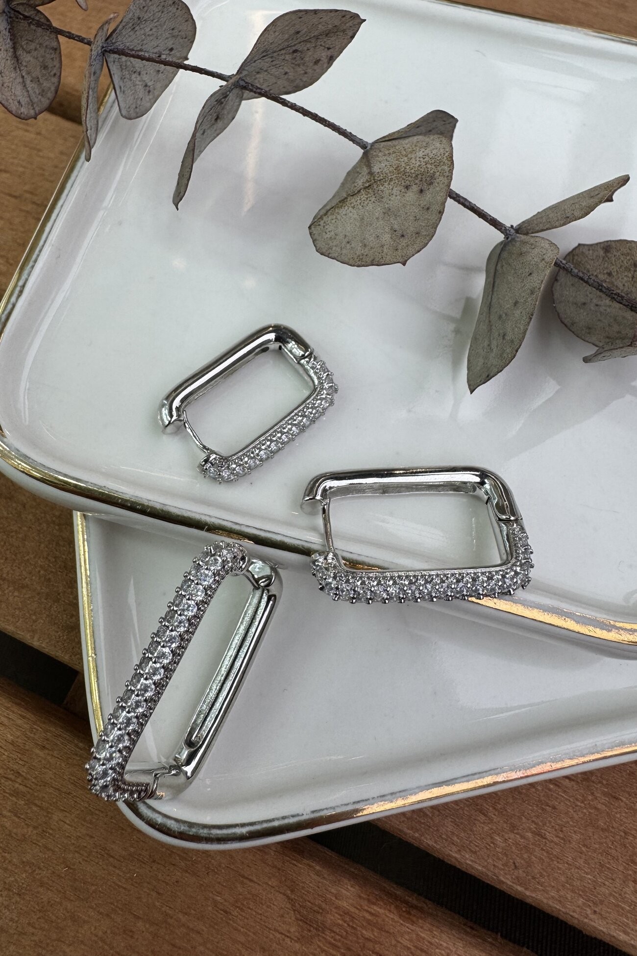 14K Altın Kaplama Dikdörtgen Zirkon Taşlı 3'lü Küpe Seti Silver