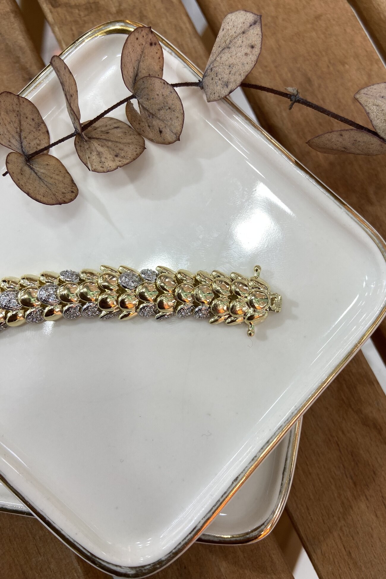 14K Altın Kaplama Eklemli, Taşlı Bileklik 17cm