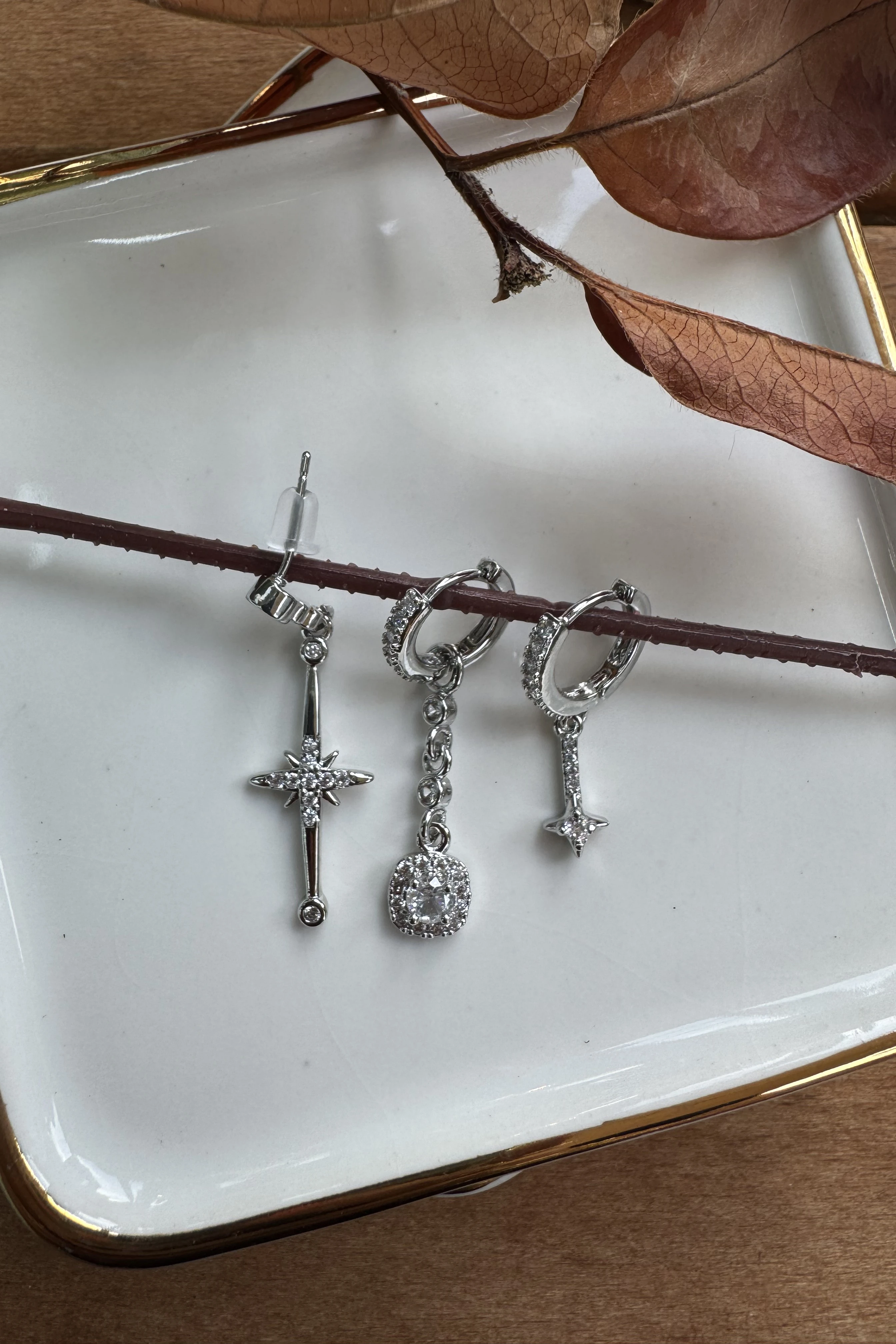 14K Altın Kaplama Yıldız 3'lü Küpe Seti Silver