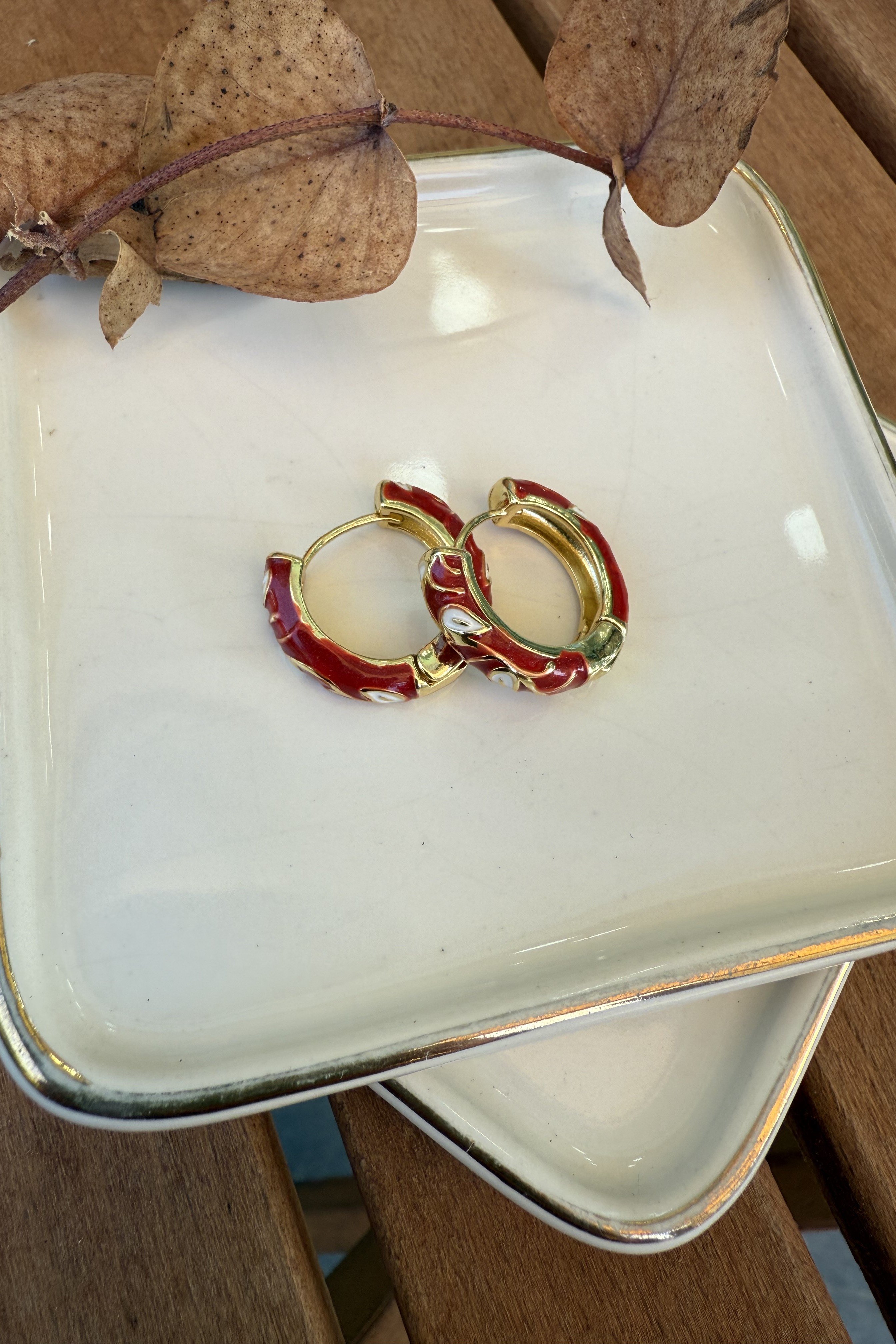 14K Altın Kaplama Kırmızı Mineli Emily Küpe 2cm