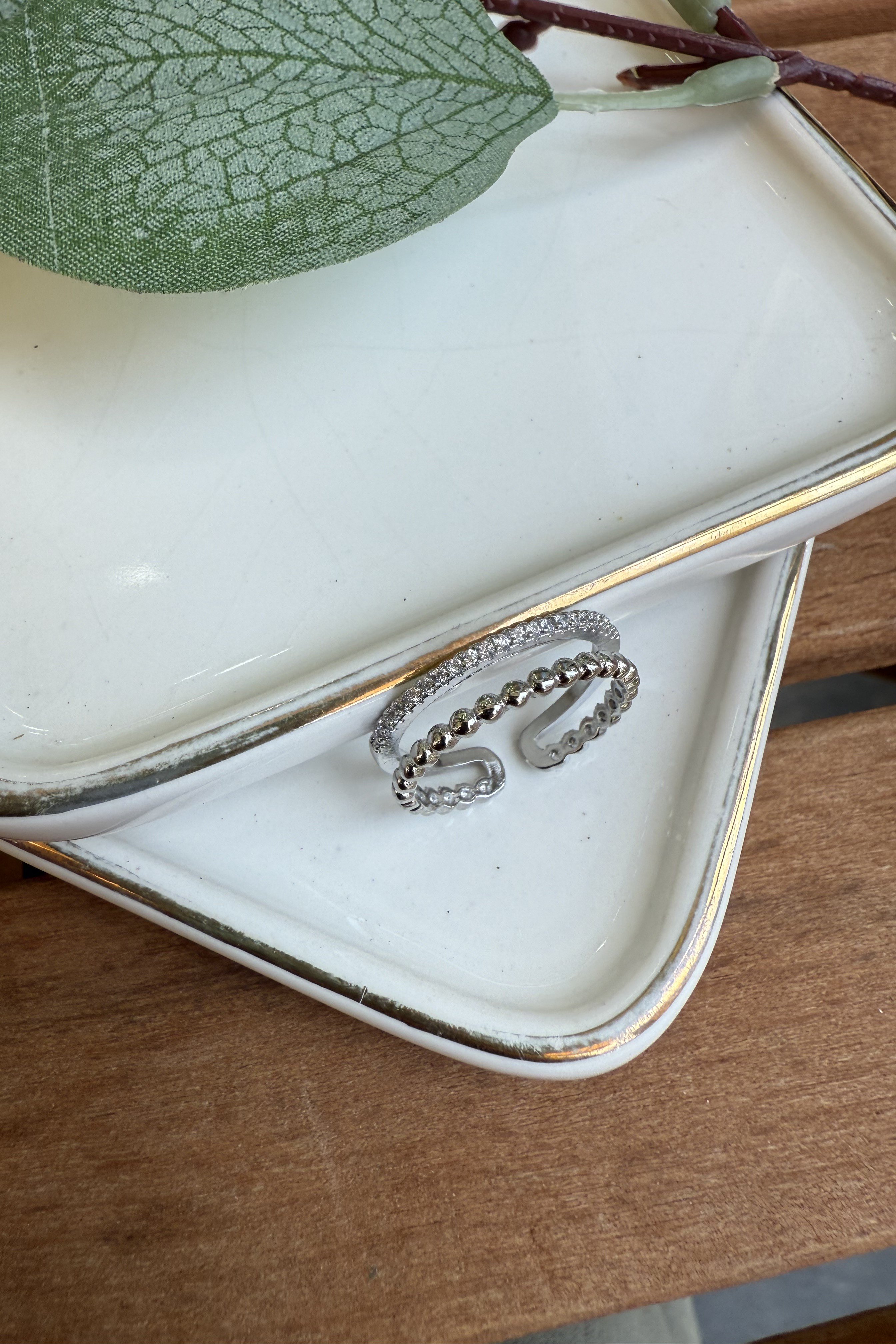 14K Altın Kaplama Yuvarlak, Taşlı İkili Yüzük Silver