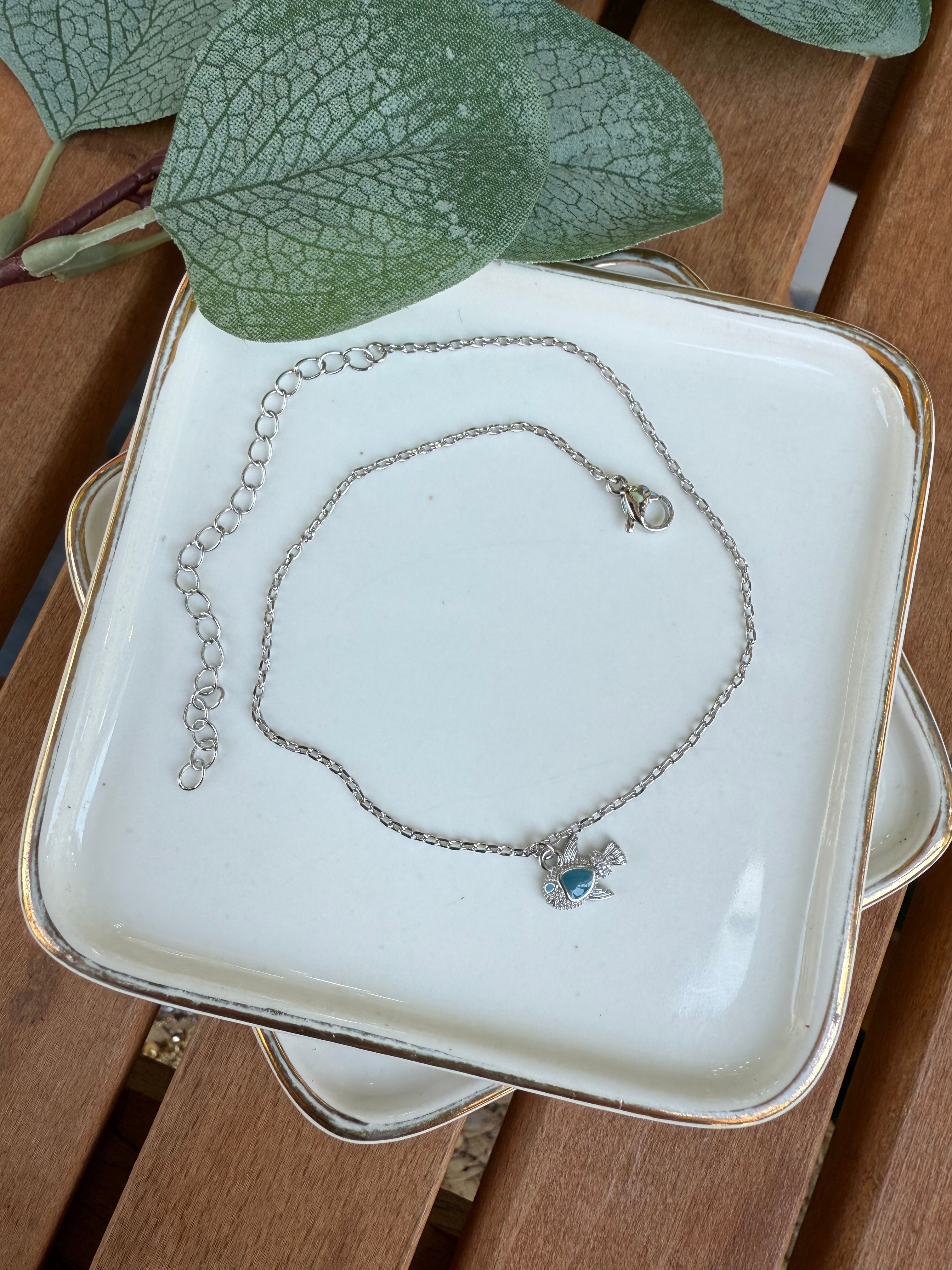 14K Altın Kaplama İçi Mavi Mineli Balık Halhal Silver 28cm