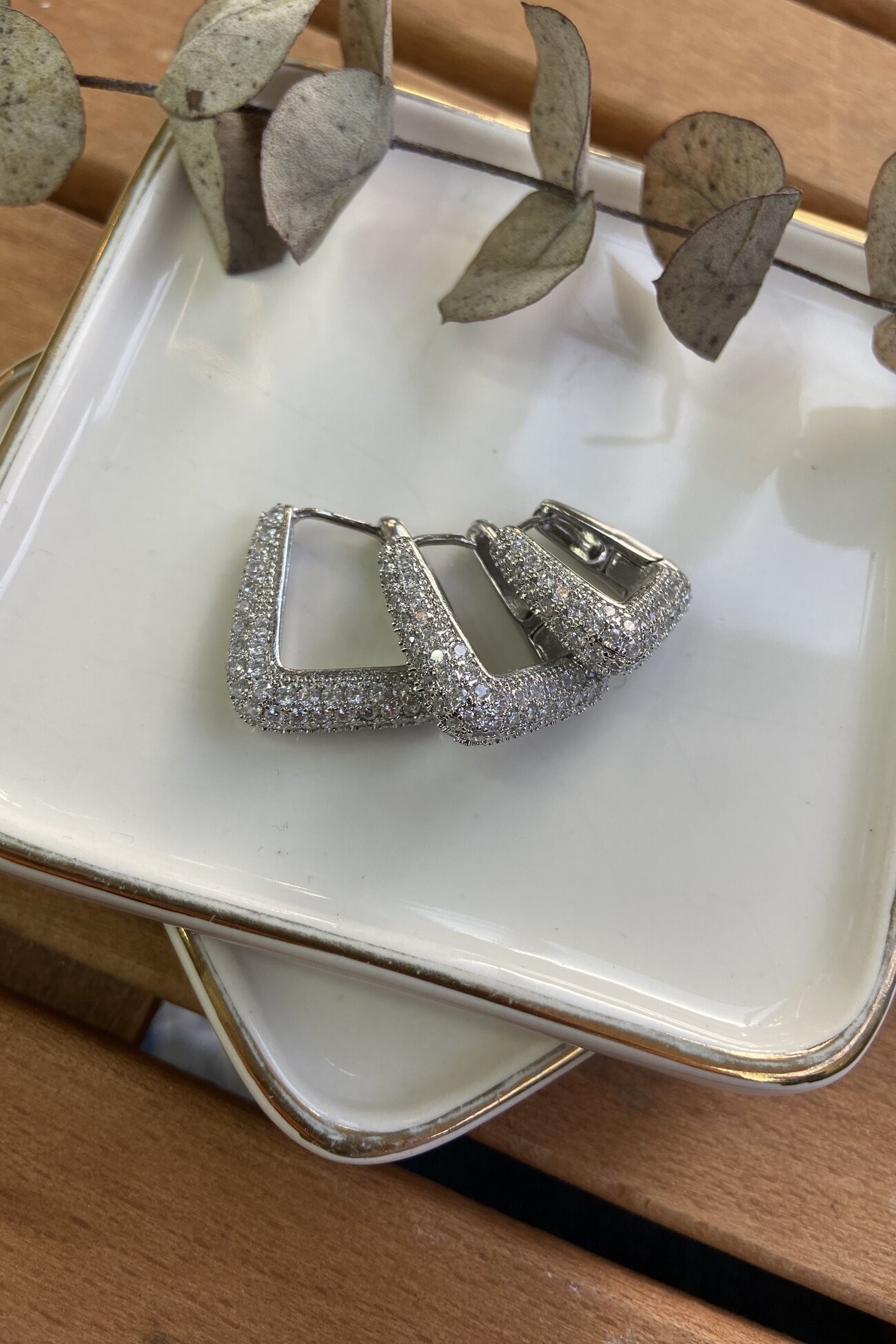 14K Altın Kaplama Zirkon Taşlı 3'lü Küpe Seti Silver