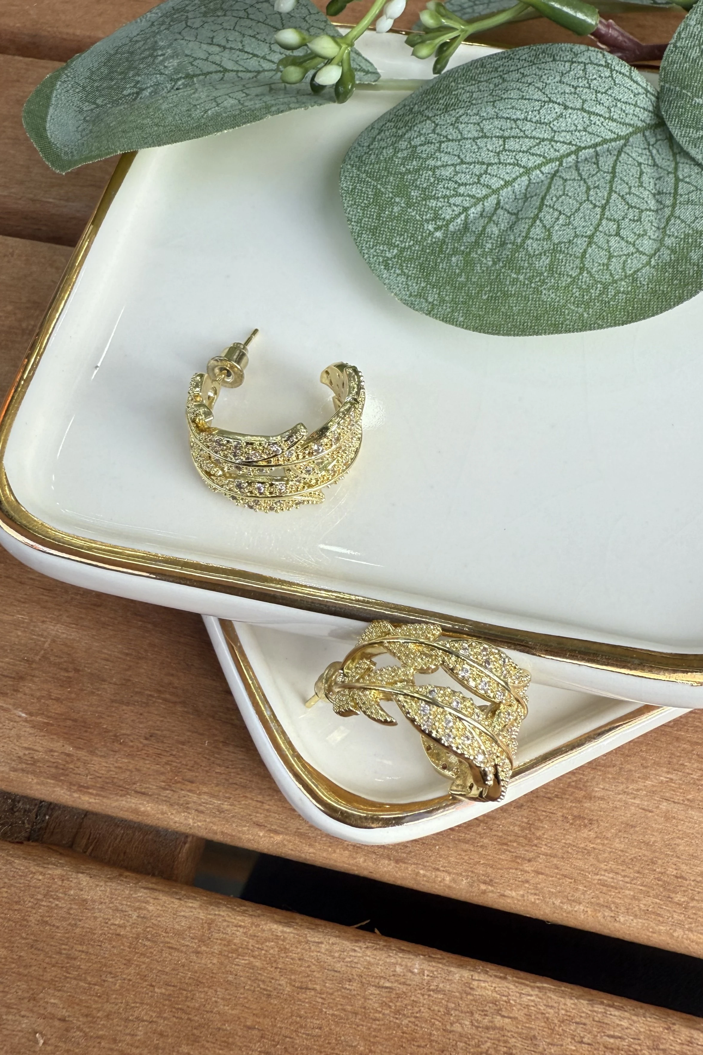 14K Altın Kaplama Taşlı Yaprak Halka Küpe