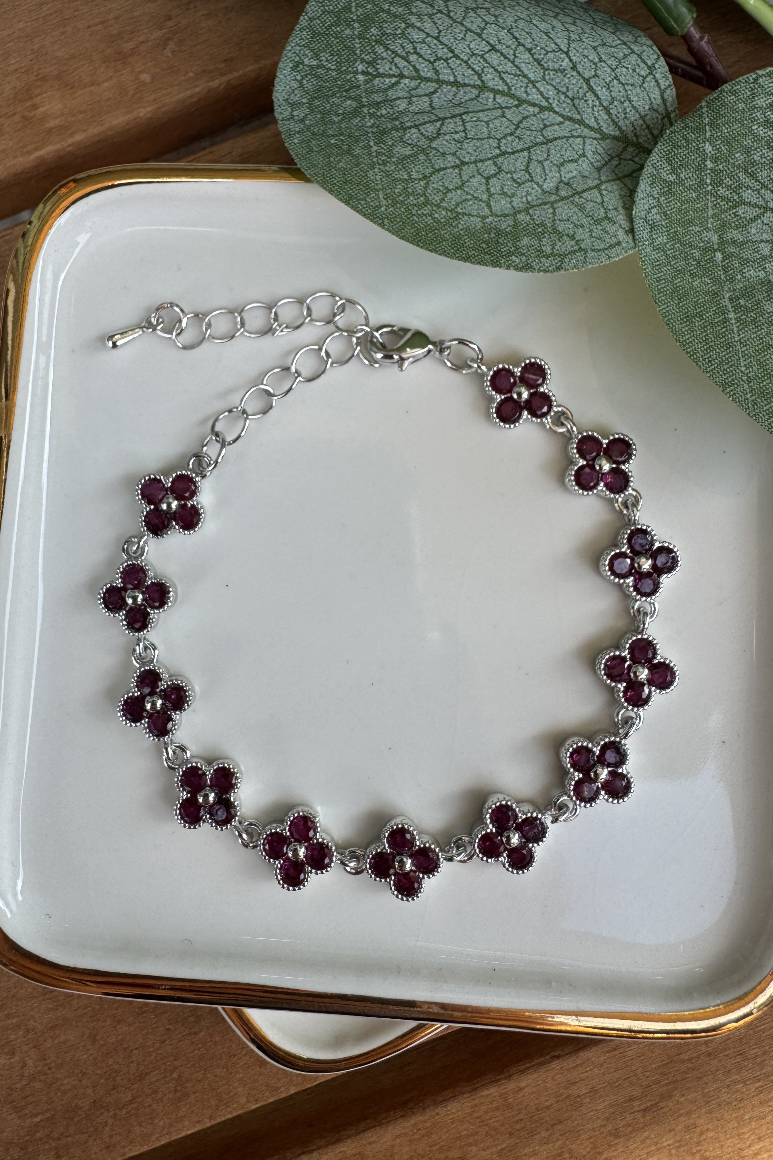 Bronz Fuşya Taşlı Yonca Bileklik Silver 15+6cm