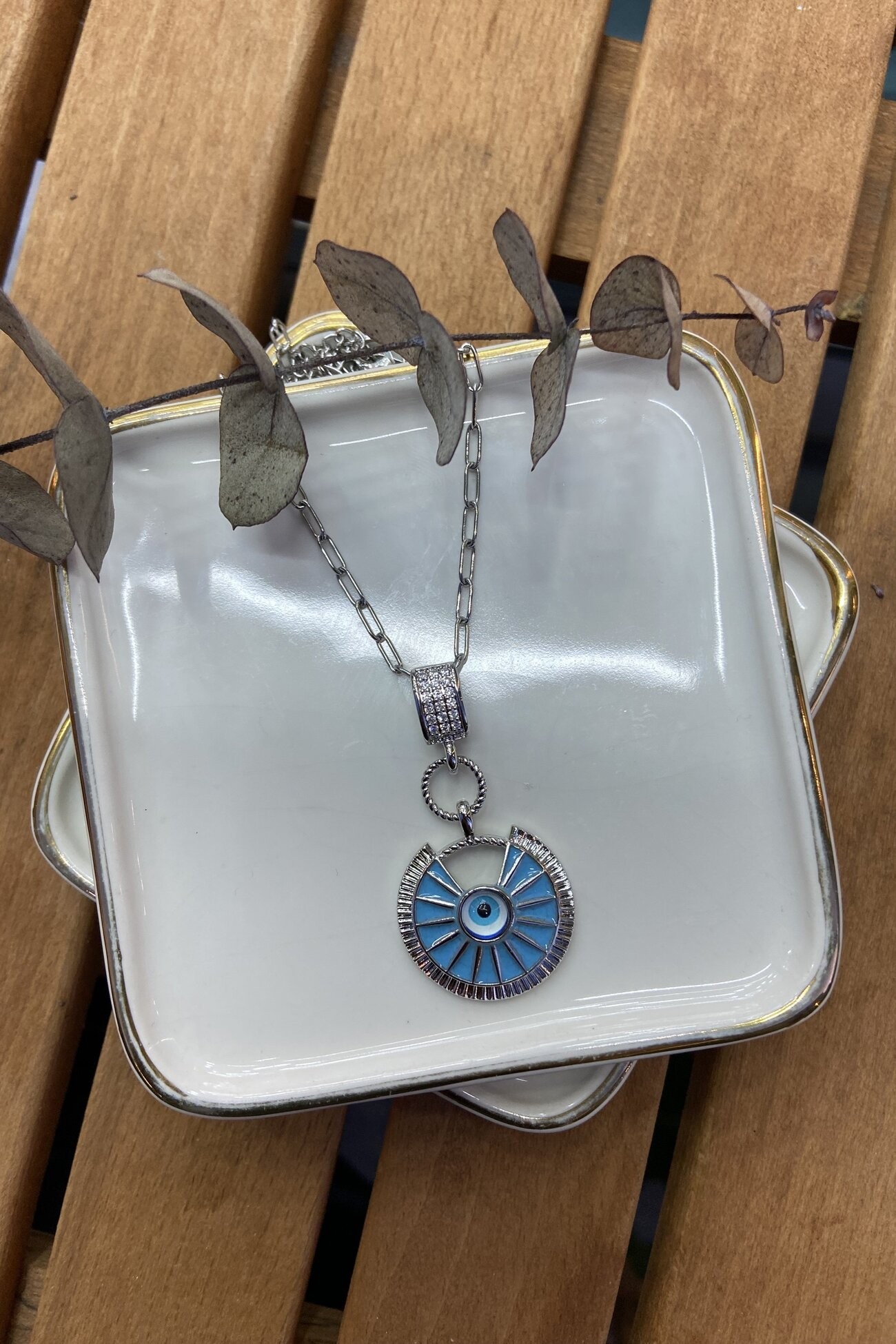Çelik Açık Mavi Mineli Madalyon Kolye Silver 57 cm