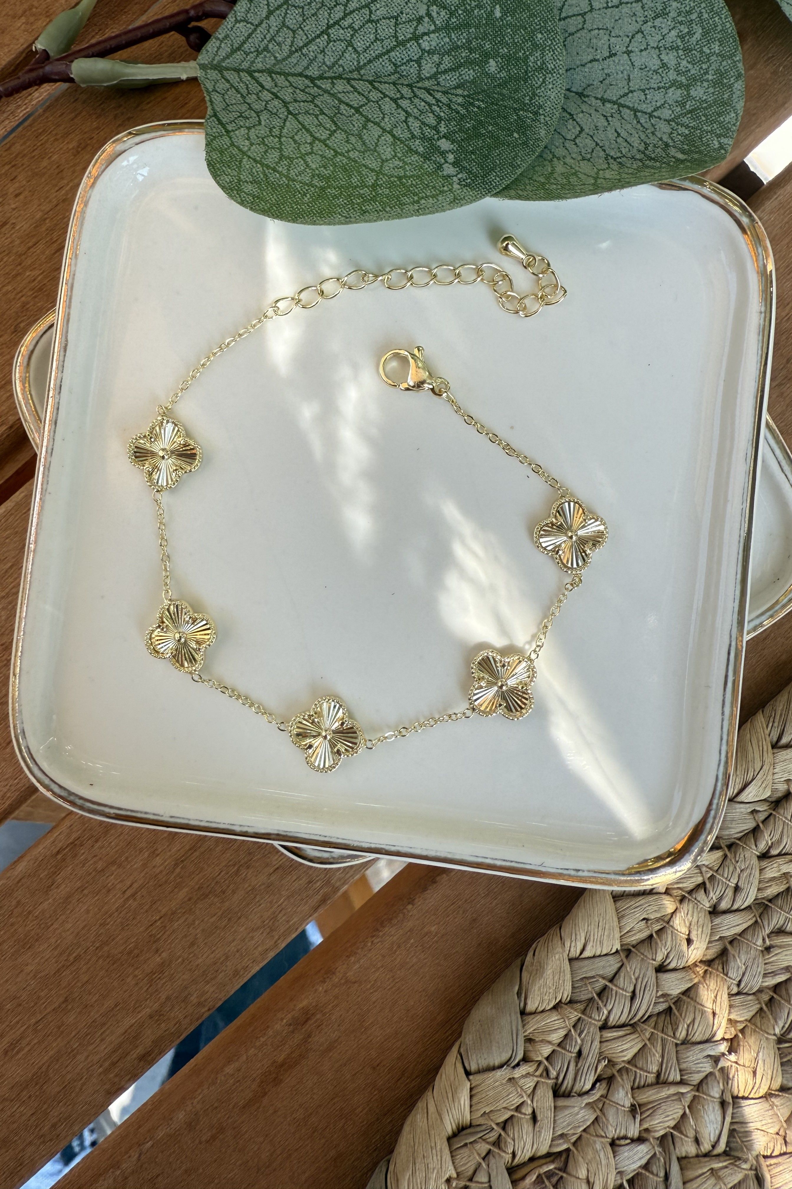 14K Altın Kaplama 5 Mini Yonca Bileklik Gold 16+6cm