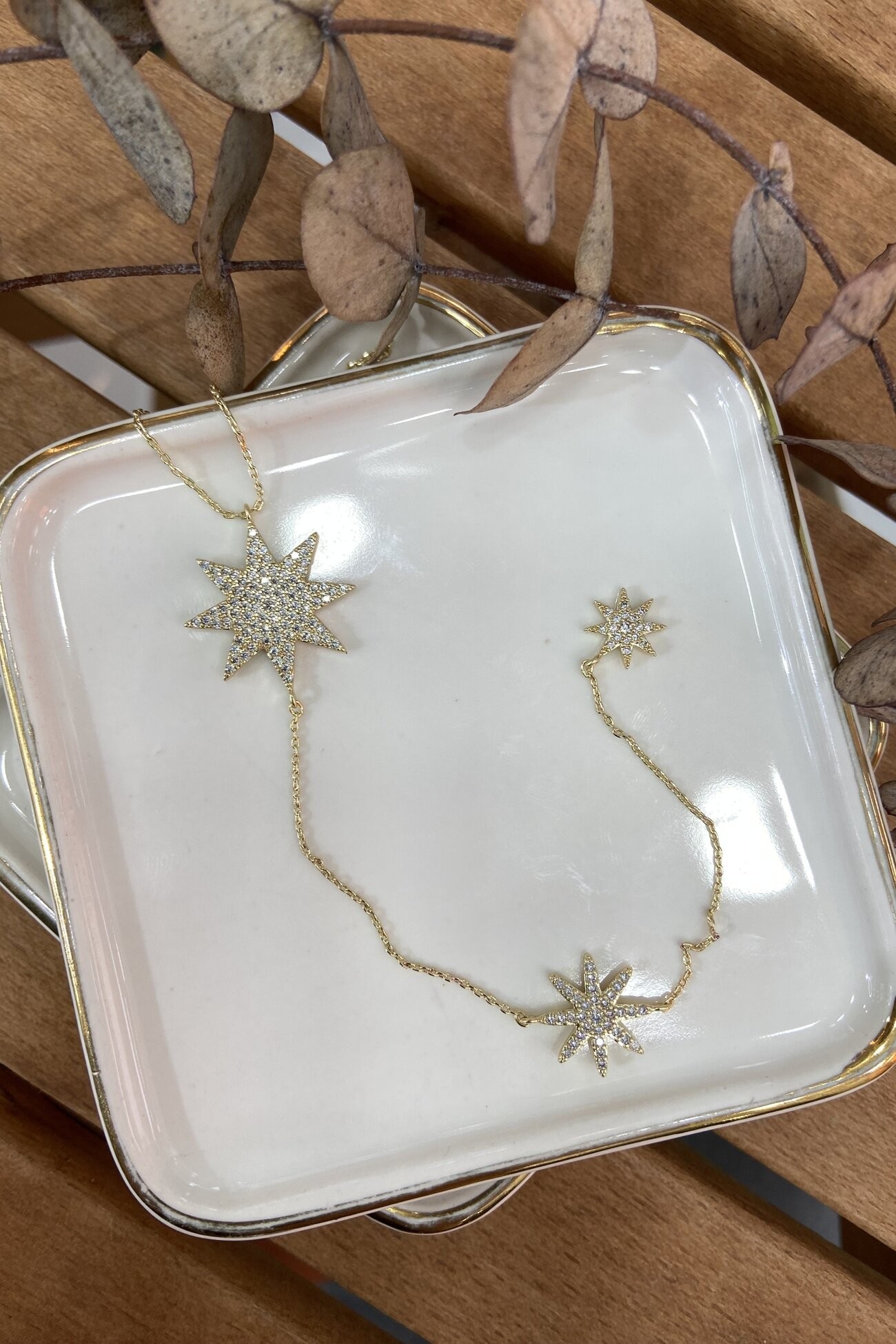 14K Altın Kaplama Yıldız Sallantılı Dekolte Kolyesi Gold 49cm