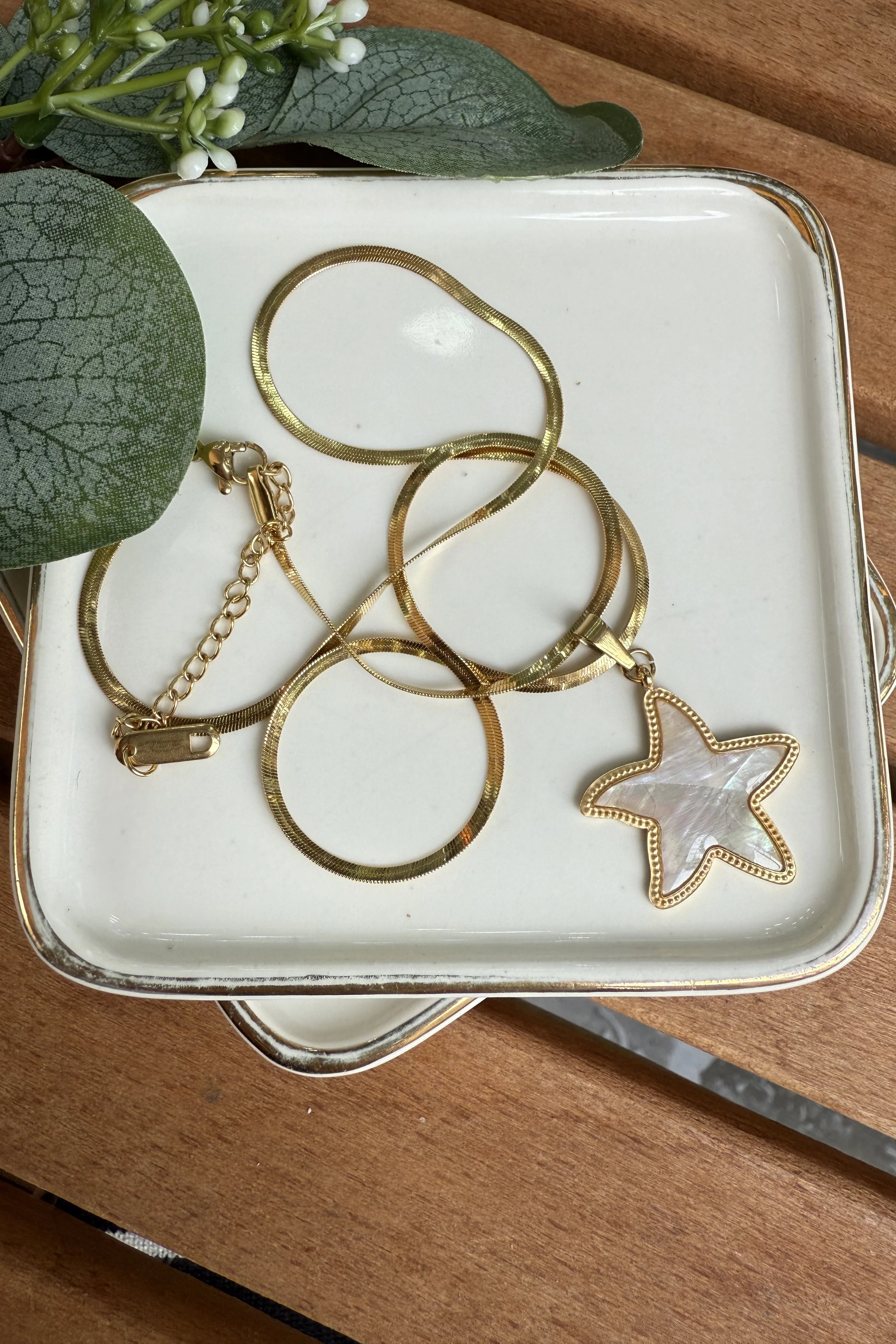 Çelik Beyaz Sedefli Deniz Yıldızı Kolye 50cm