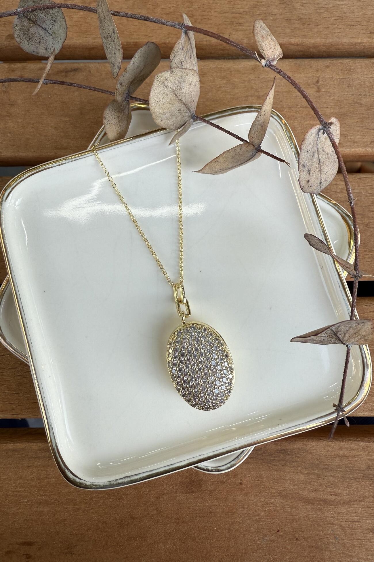 14K Altın Kaplama Zirkon Taşlı Oval Plaka Üzeri Madalyon Kolye Gold 56cm