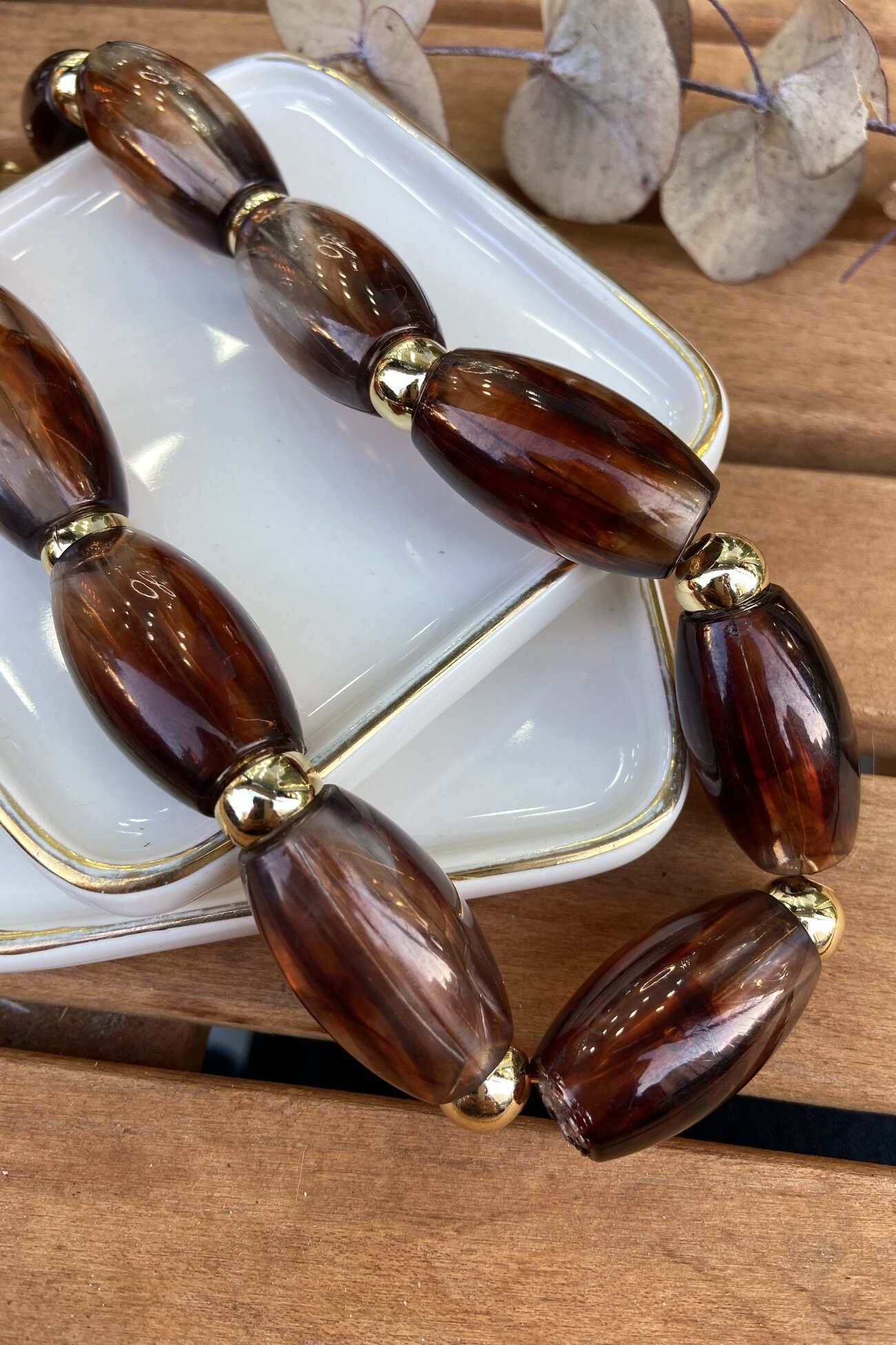 Kahve Silindir Gold Boncuk Detaylı Kolye 49cm