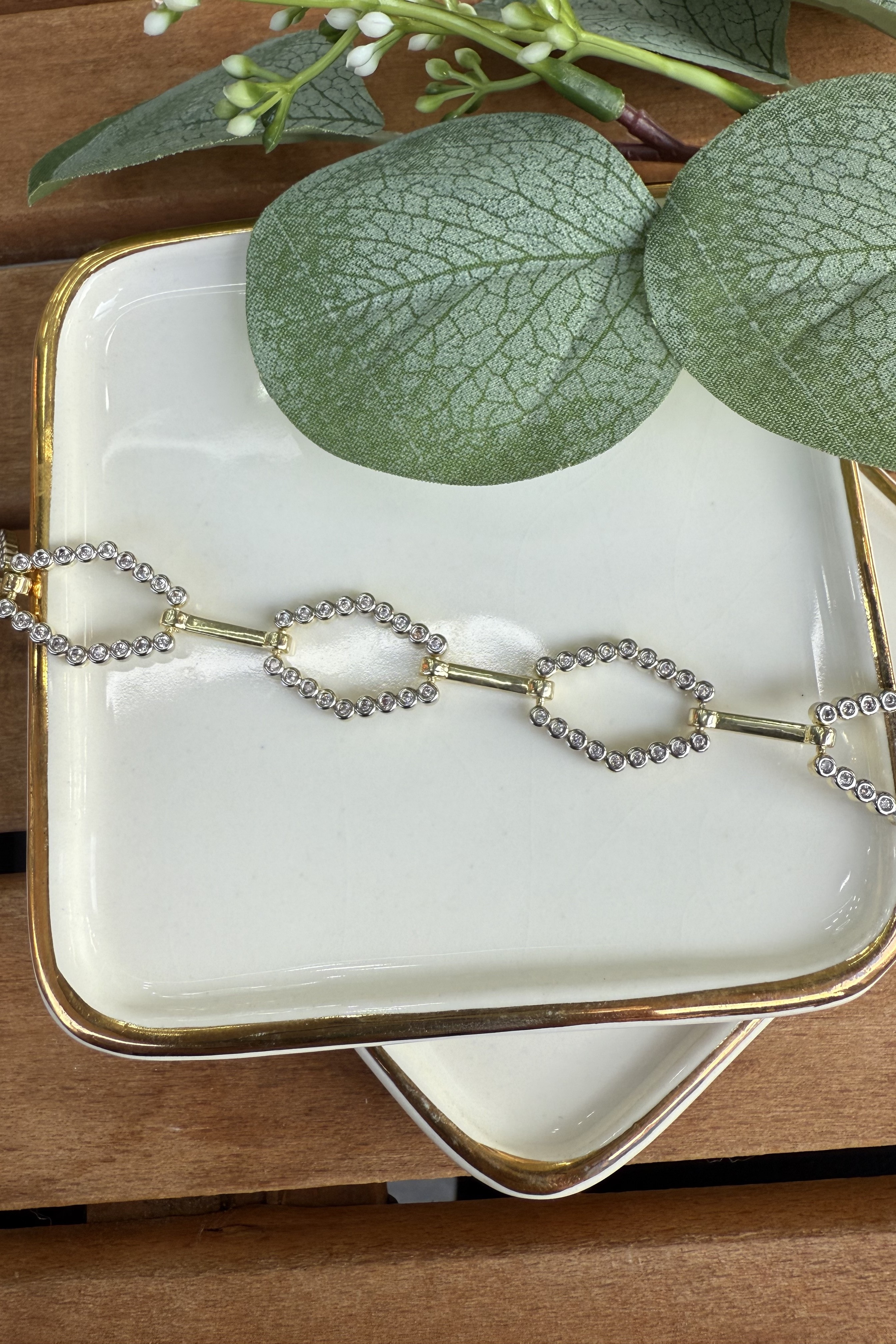 14K Altın Kaplama Taşlı Altıgen Sıralı Kolye 45cm