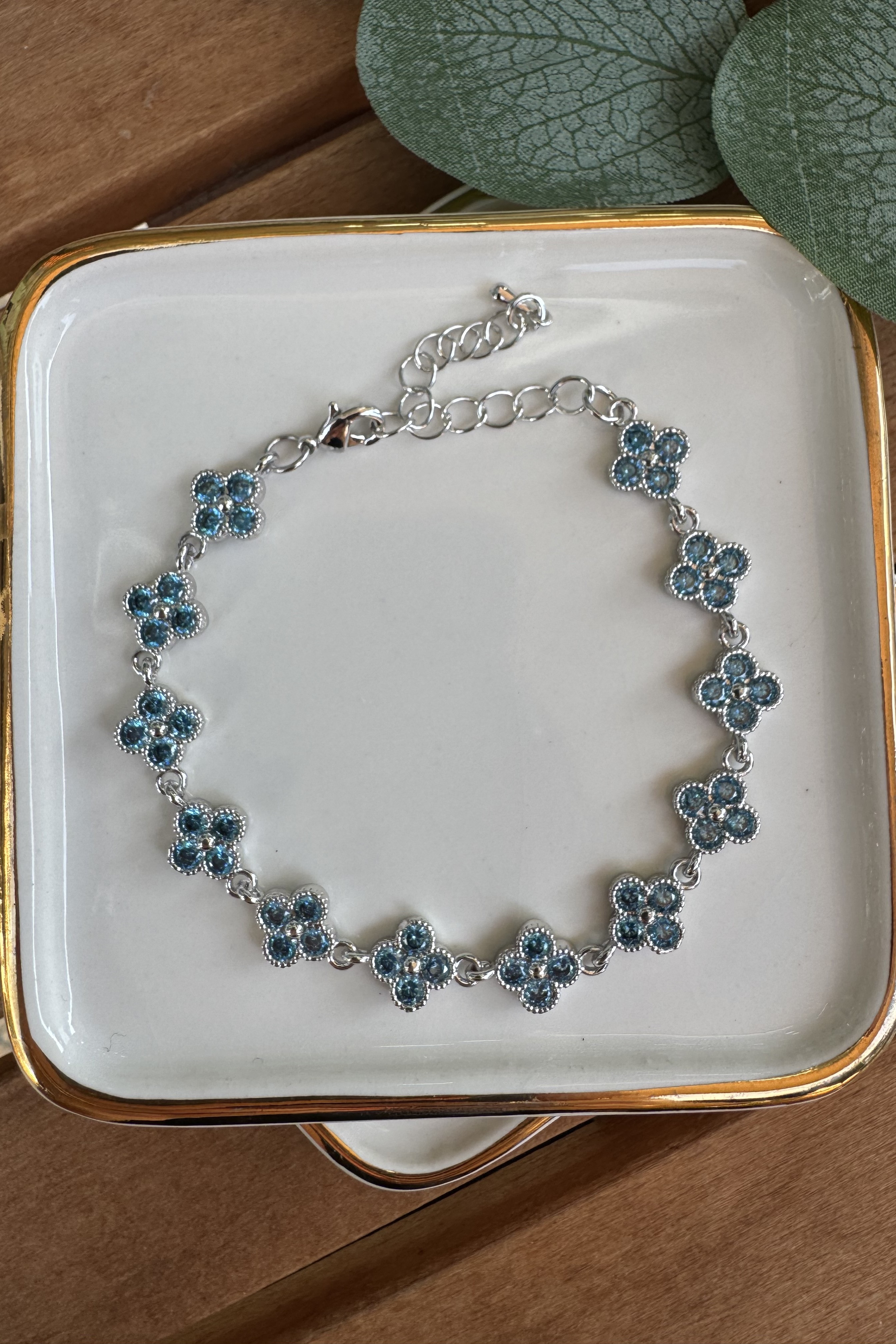 Bronz Turkuaz Taşlı Yonca Bileklik Silver 15+6cm