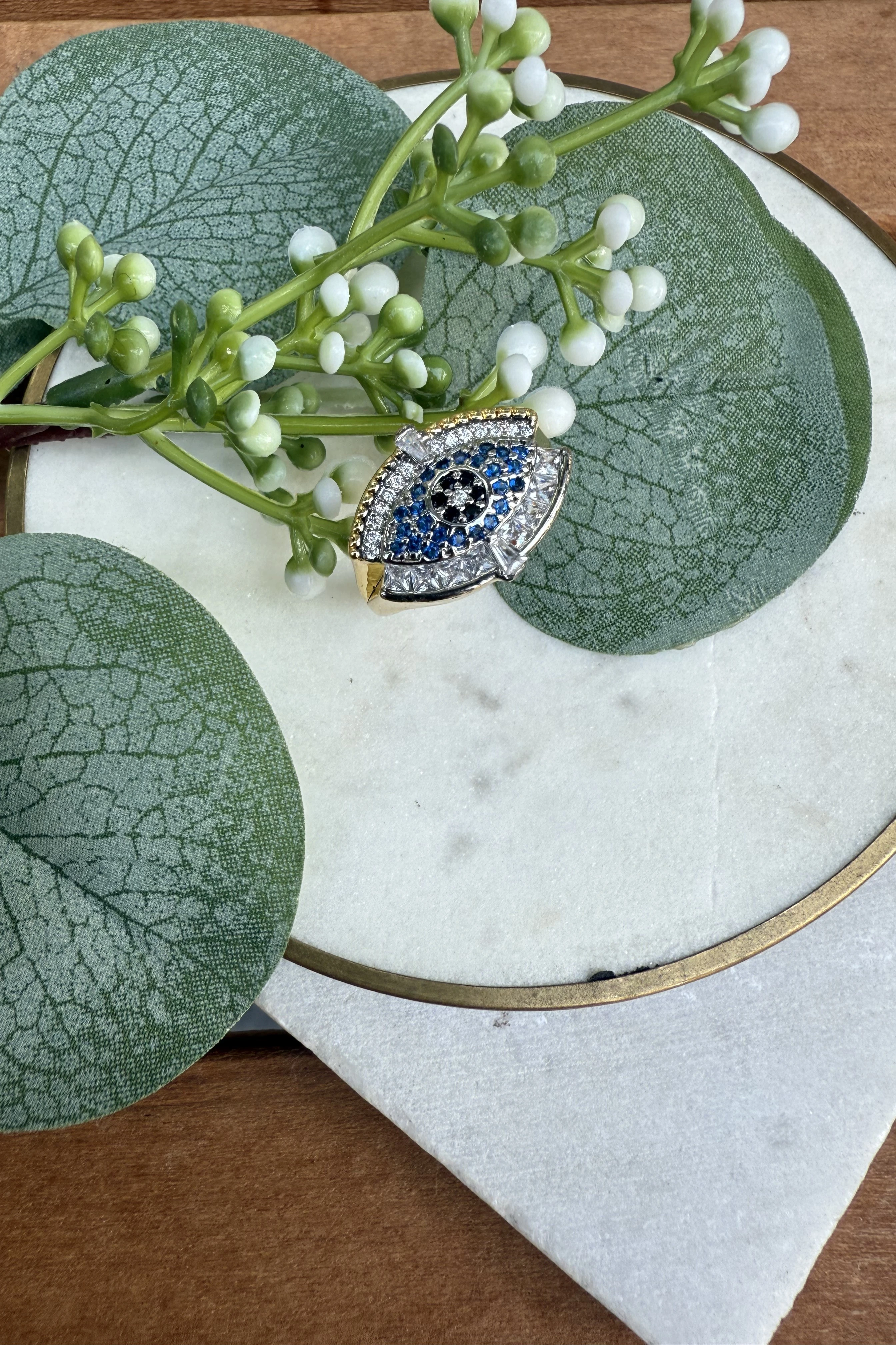 14K Altın Kaplama Baget Taş Ortası Mavi Göz Yüzük