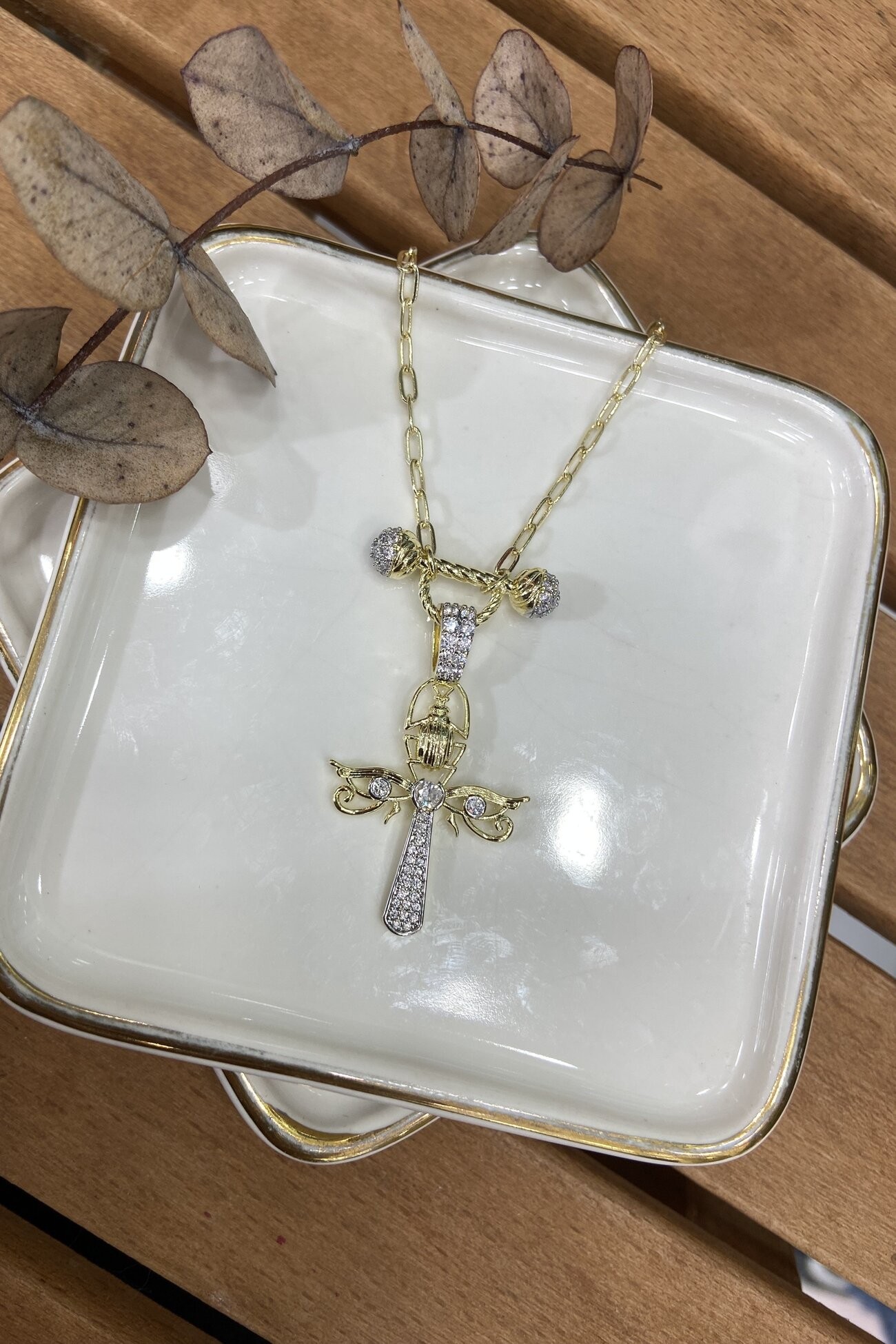 14K Altın Kaplama Taşlı Ankh Kolye 52cm