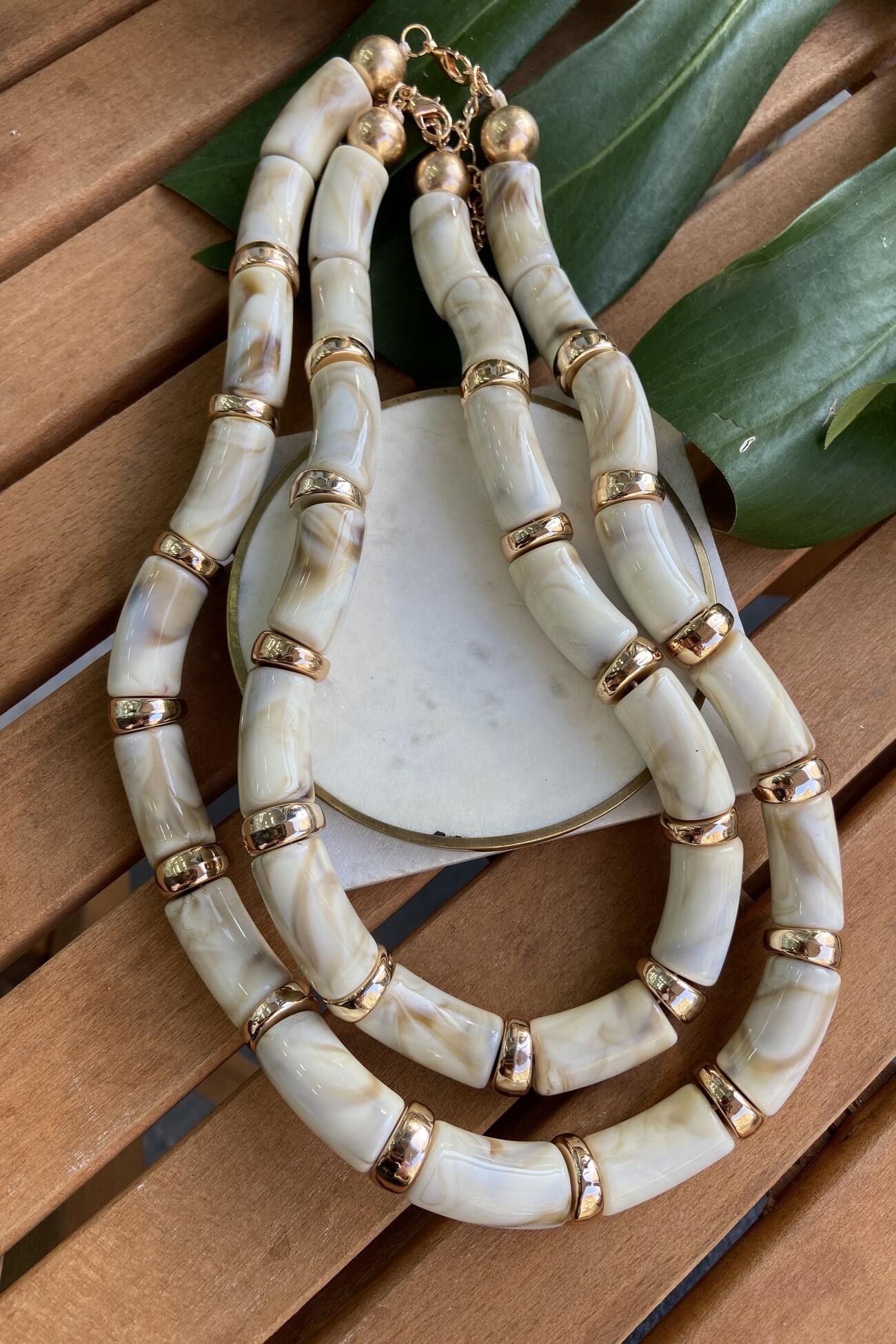 Hareli Bej Silindir Gold Detaylı İkili Kolye 55cm&65cm