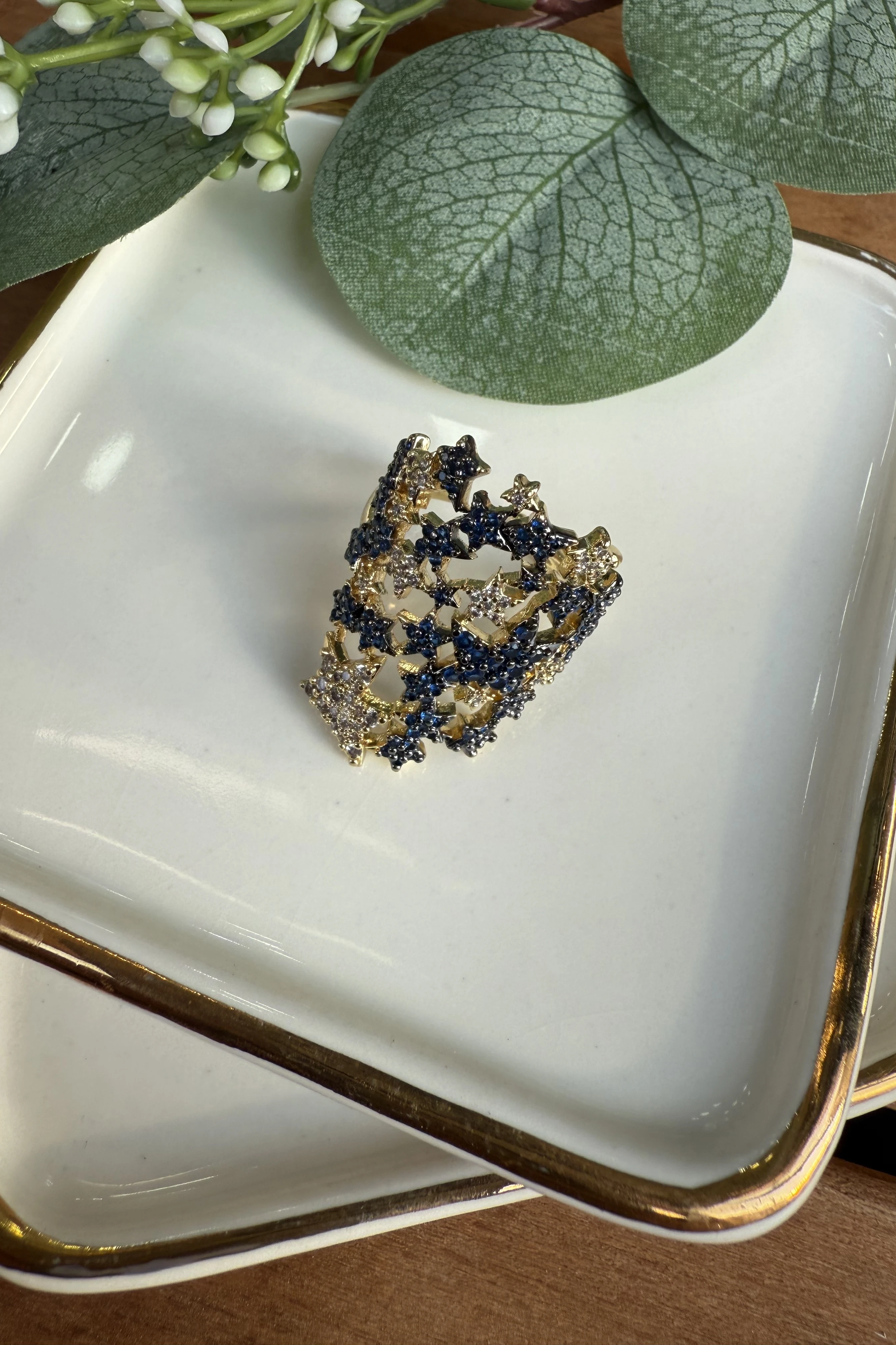 14K Altın Kaplama Lacivert Taşlı Yıldızlar Tasarım Yüzük