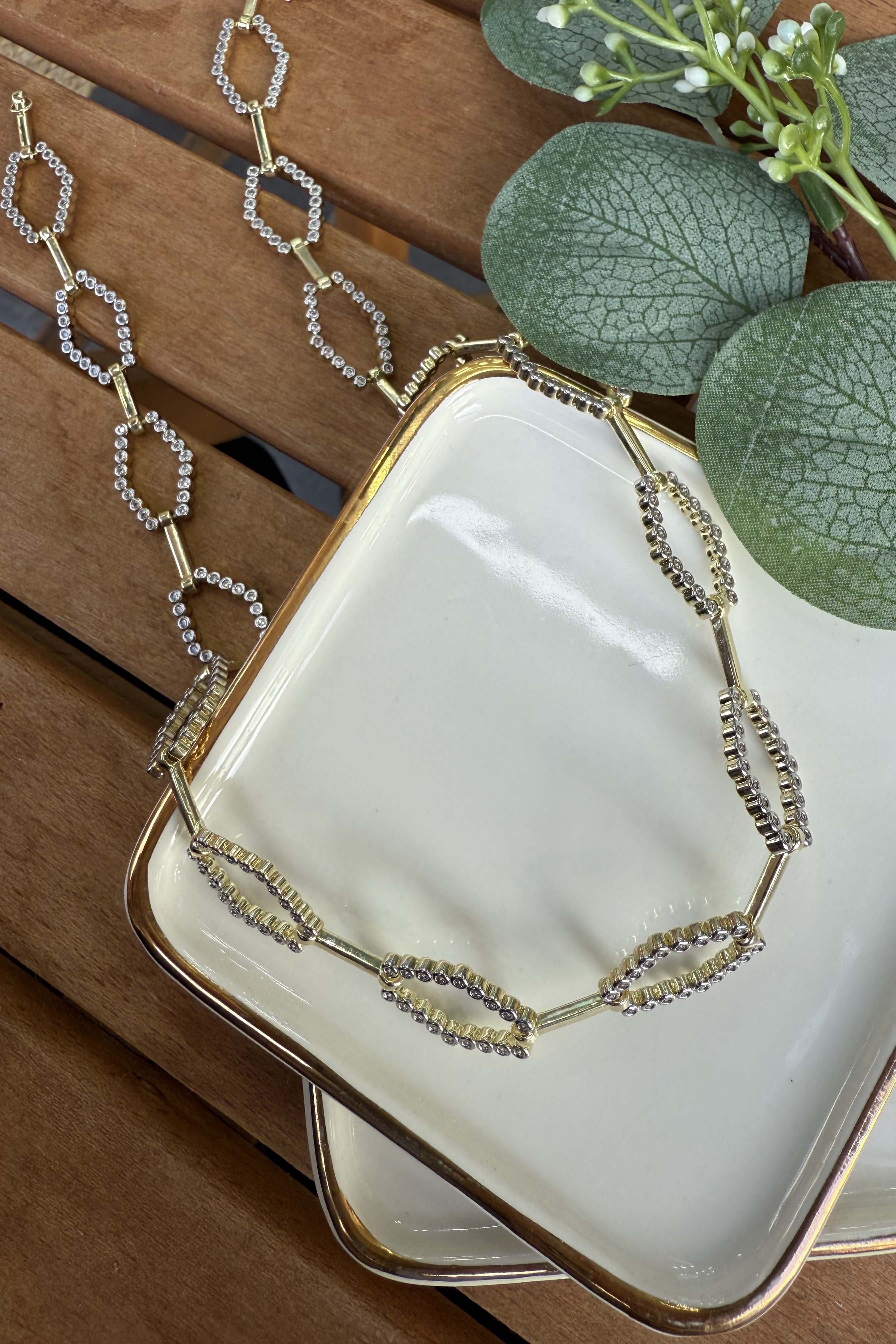 14K Altın Kaplama Taşlı Altıgen Sıralı Kolye 45cm