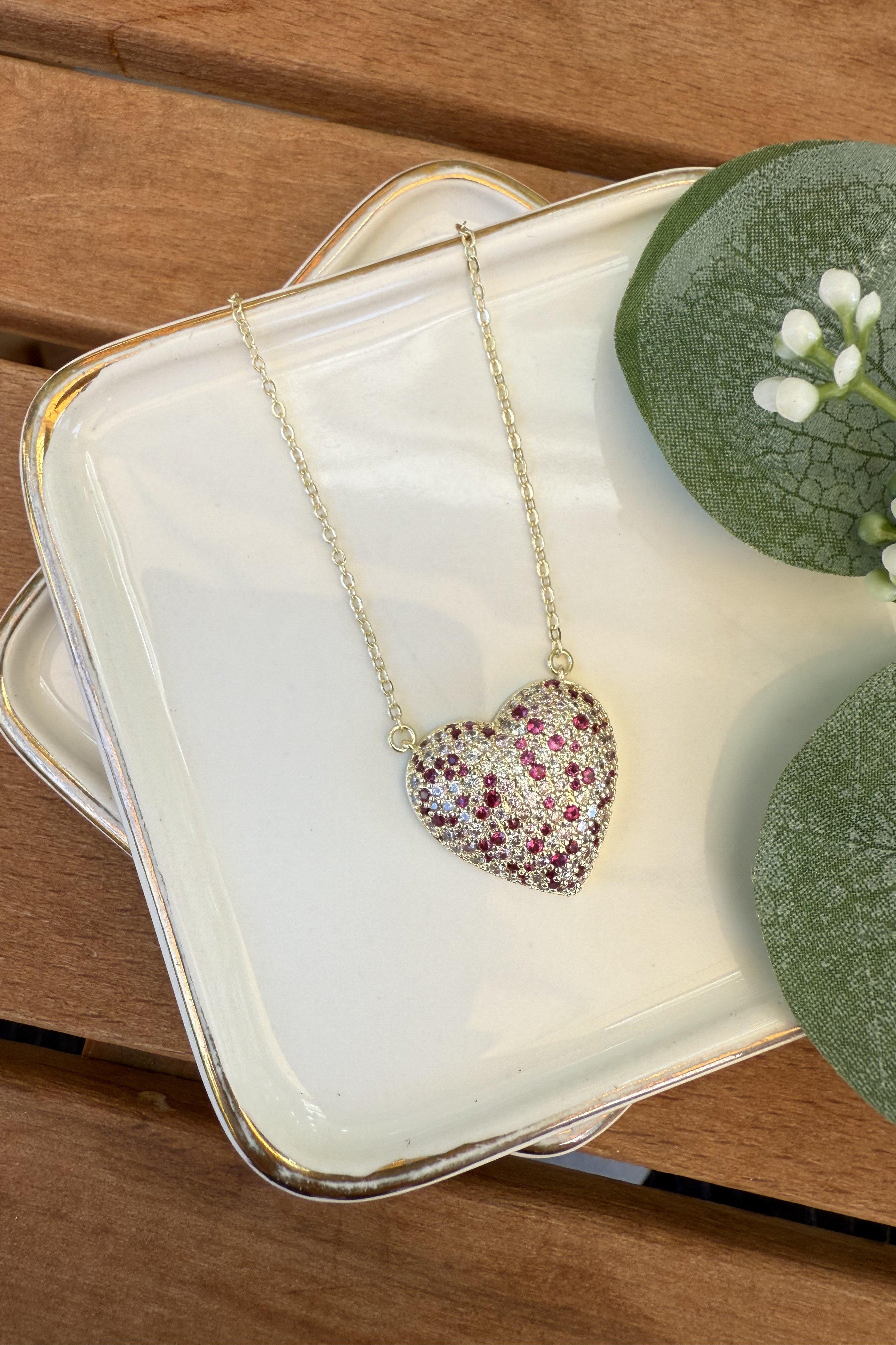 14K Altın Kaplama Pembe Taşlı Kalp Kolye 53cm