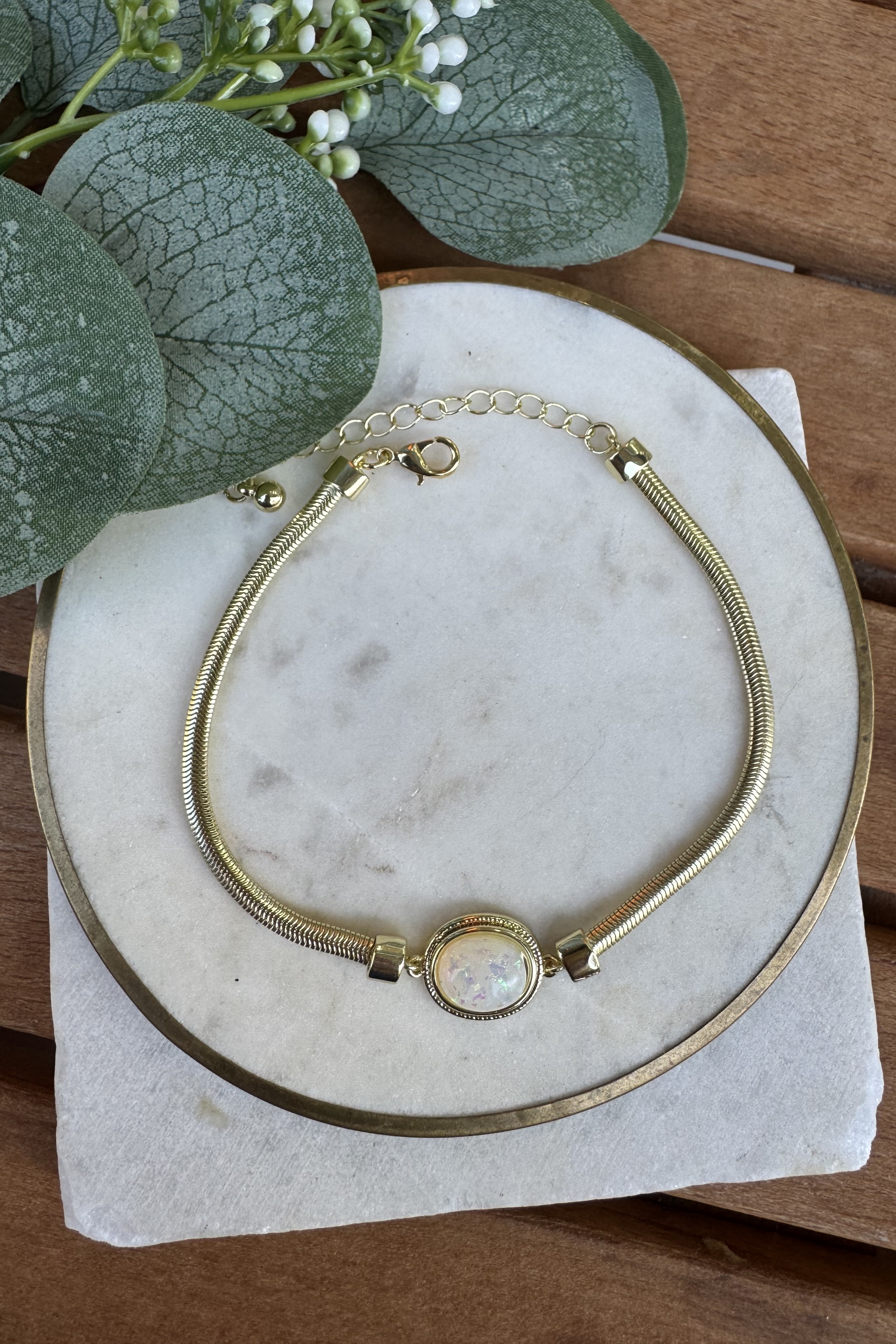 14K Altın Kaplama Beyaz Opal Taşlı Bileklik 18+6cm