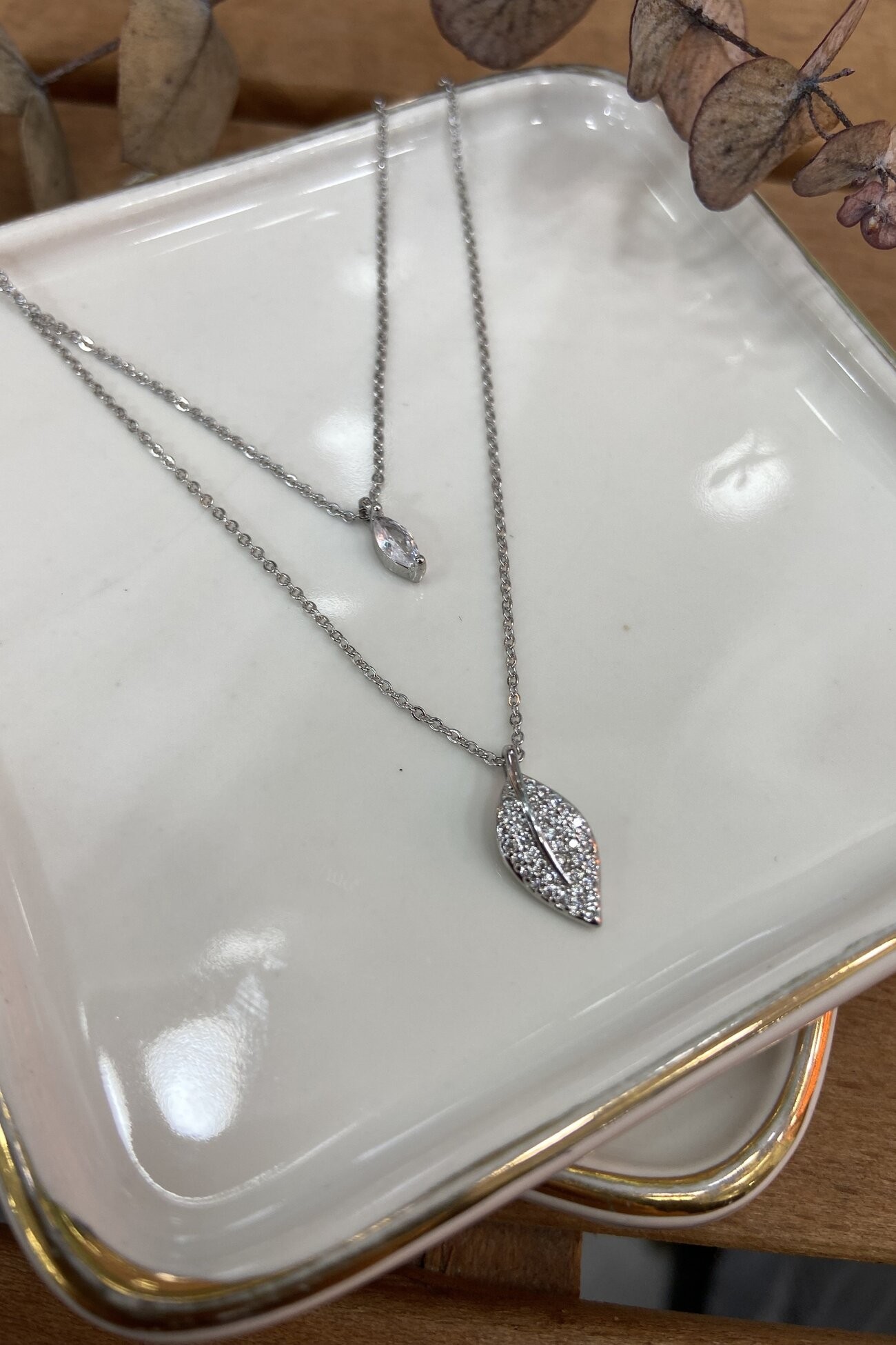 14K Altın Kaplama İkili Minimal Tüy Kolye Silver 45cm