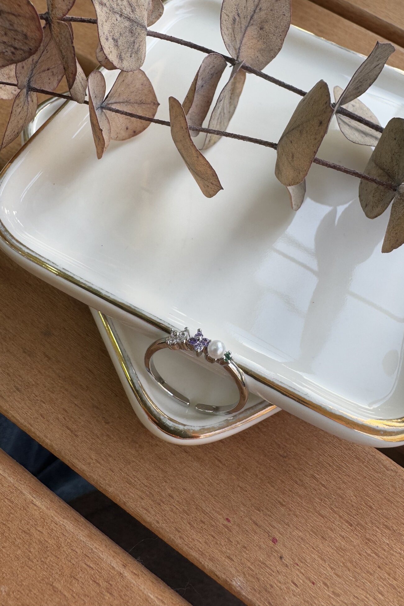 14K Altın Kaplama İncili Mini Çiçek Minimal Yüzük Silver
