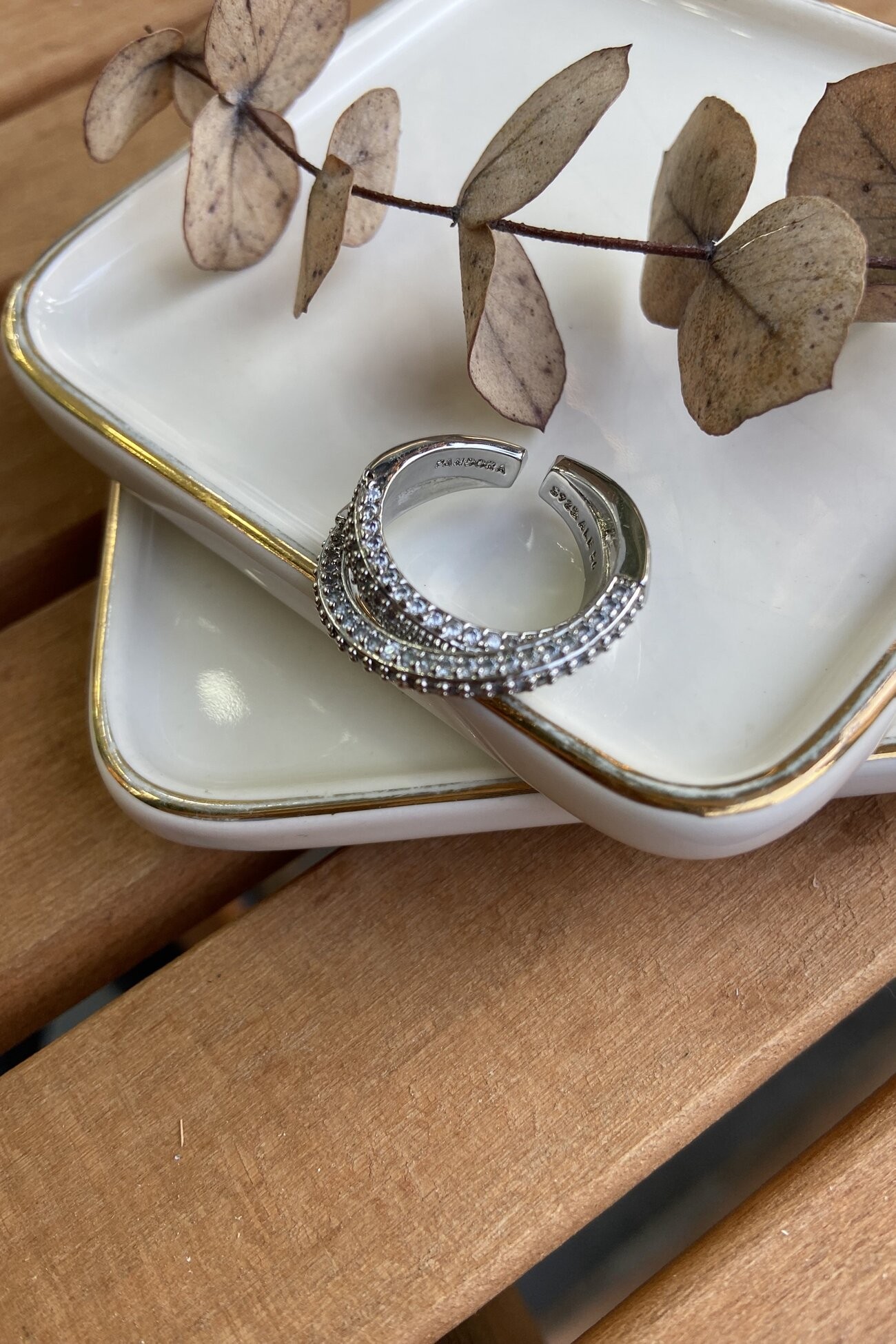 14K Altın Kaplama Taşlı İkili Marka Yüzük Silver