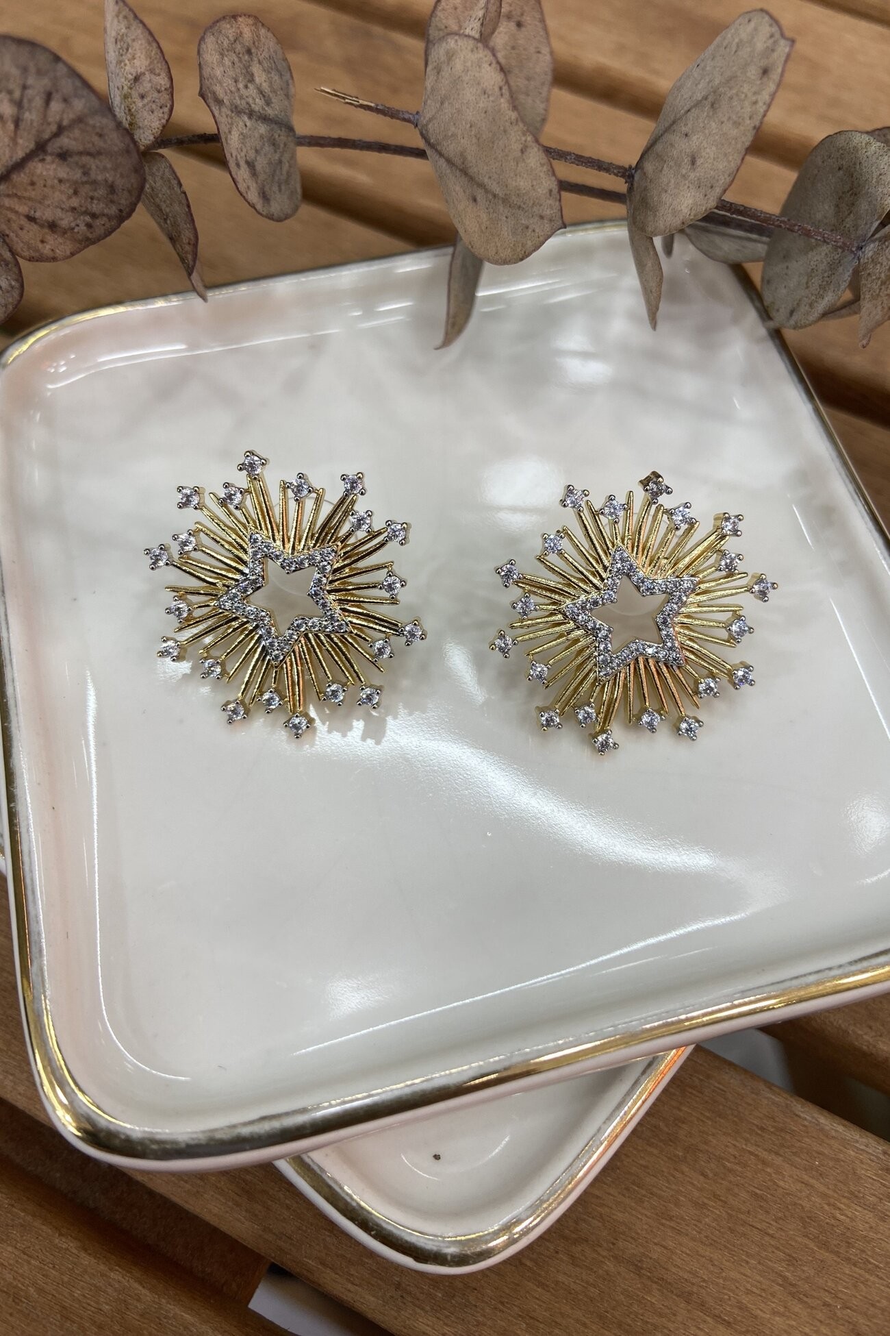 14K Altın Kaplama Tırtıklı Ortası Yıldız Küpe