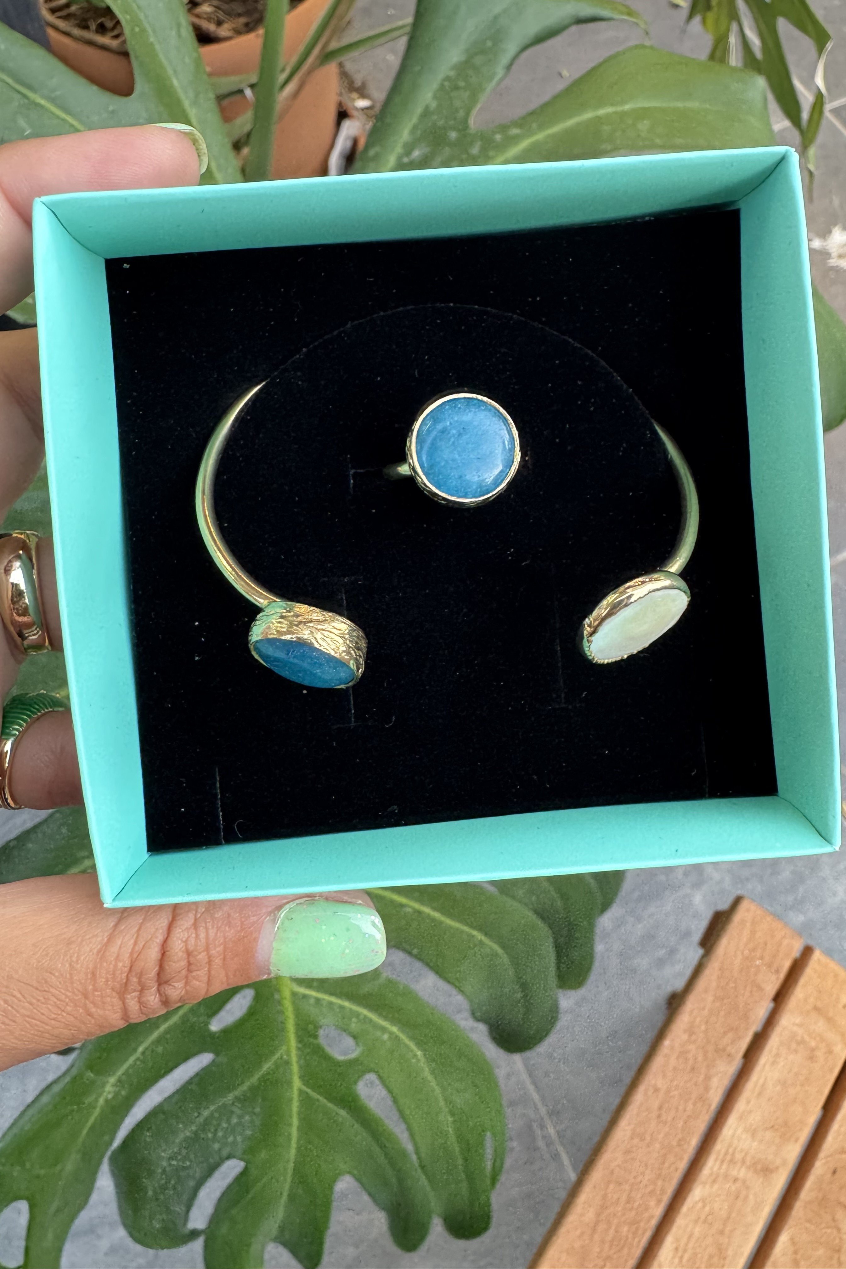 Bronz Üzeri 14K Altın Kaplama Doğal Taş Yüzük-Bilezik Seti