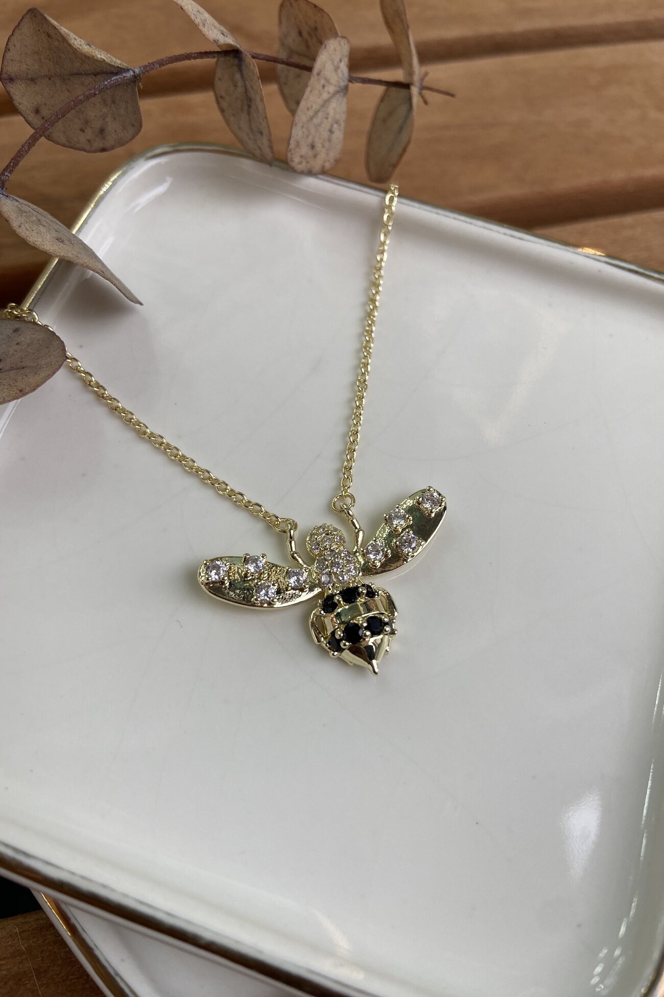 14K Altın Kaplama Taşlı Arı Kolye 52cm