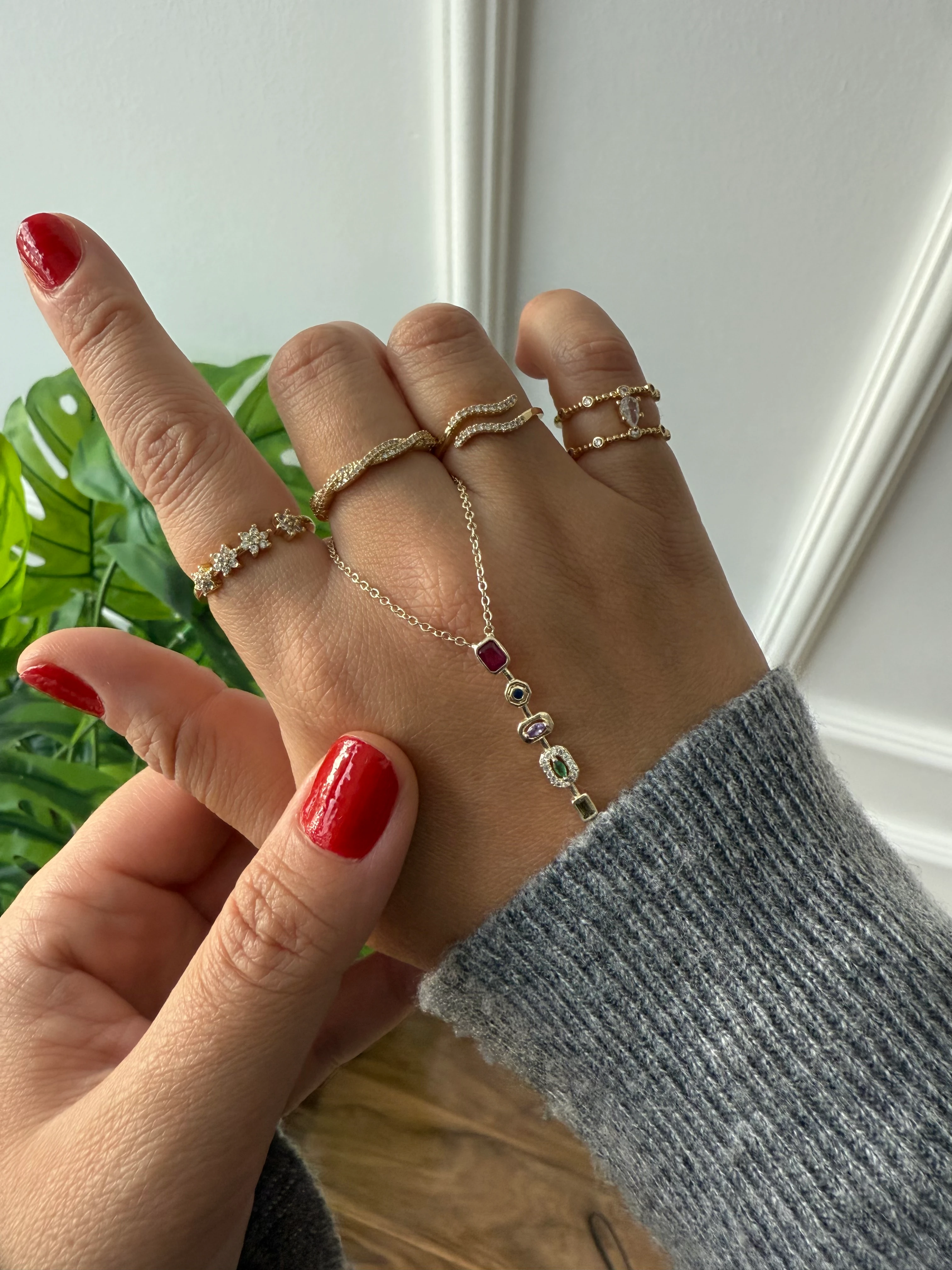 14K Altın Kaplama Taşlı Sır Dört Çiçek Yüzük Gold